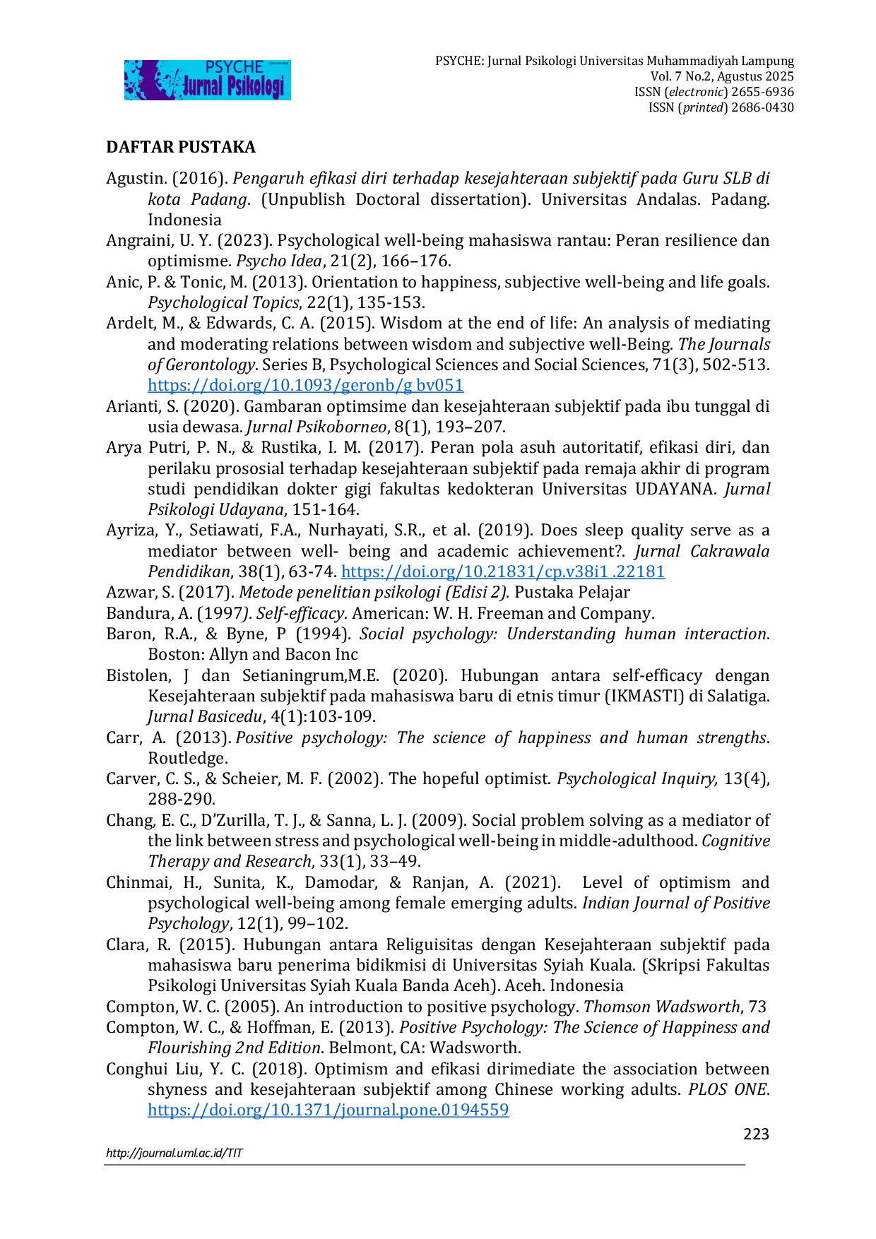 JURIS Hubungan Optimisme dan Efikasi Diri dengan Kesejahteraan Subjektif Mahasiswa Fakultas Psikologi Universitas Ahmad Dahlan