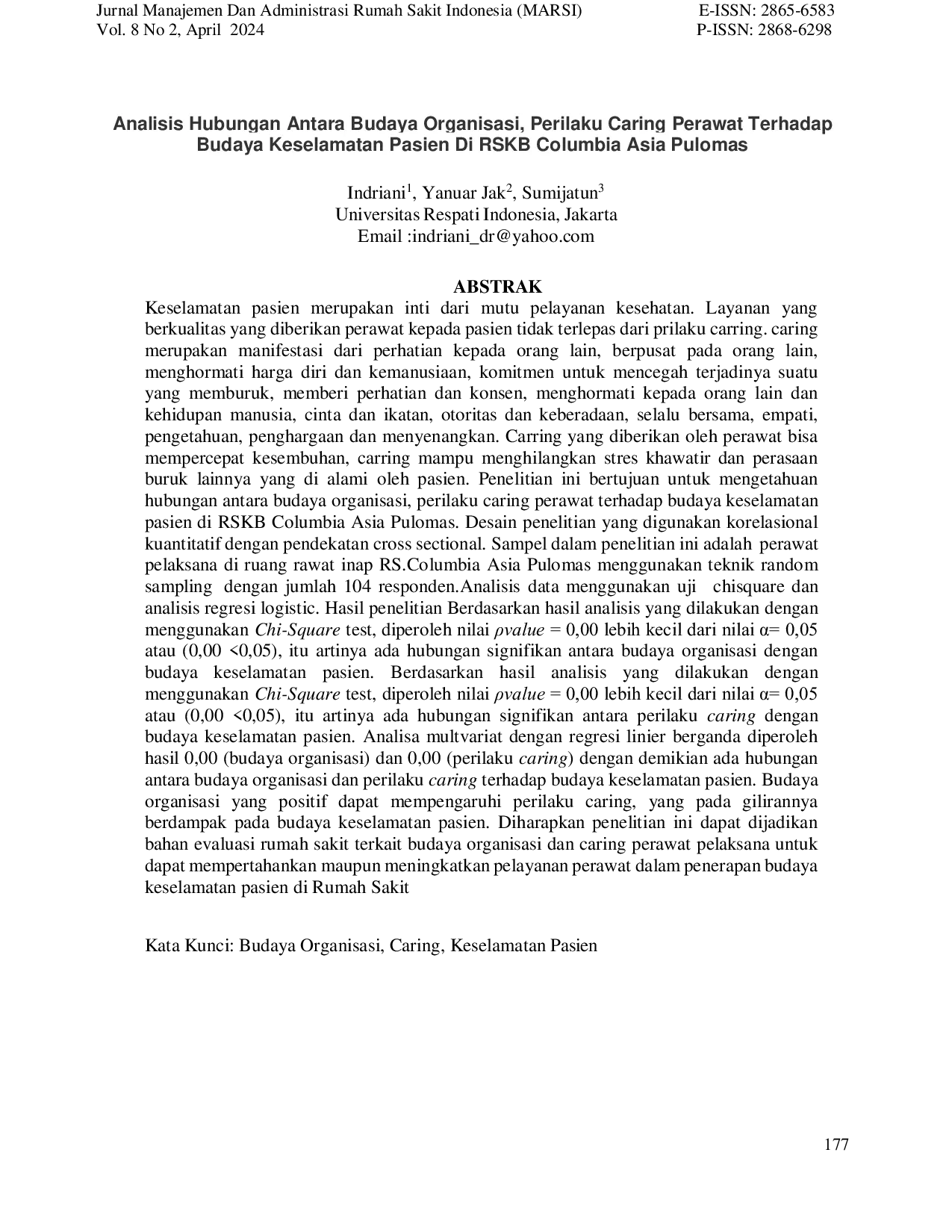 JURIS Analisis Hubungan Antara Budaya Organisasi Perilaku Caring Perawat Terhadap Budaya Keselamatan Pasien Di RSKB Columbia Asia Pulomas
