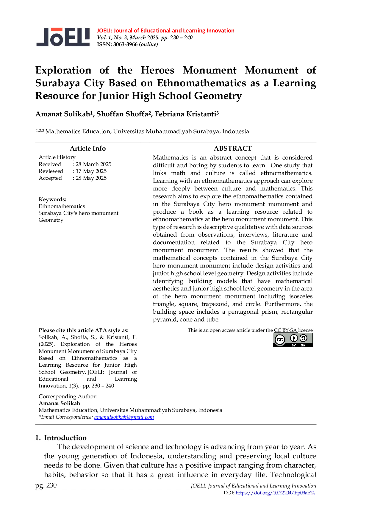 JURIS Exploration of the Heroes Monument Monument of Surabaya City Based on Ethnomathematics as a Learning Resource for Junior High School Geometry