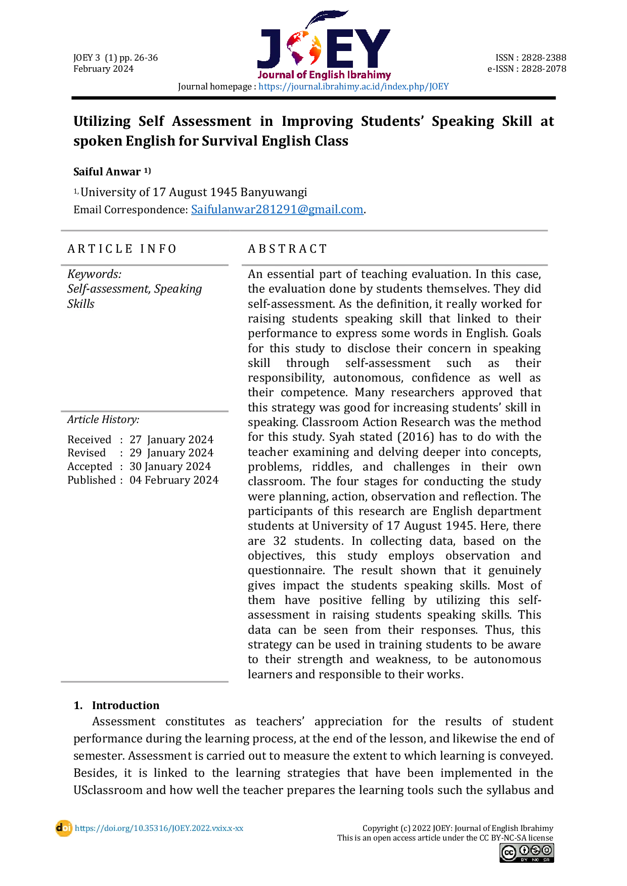 JURIS Utilizing Self Assessment in Improving Students Speaking Skill at spoken English for Survival English Class English