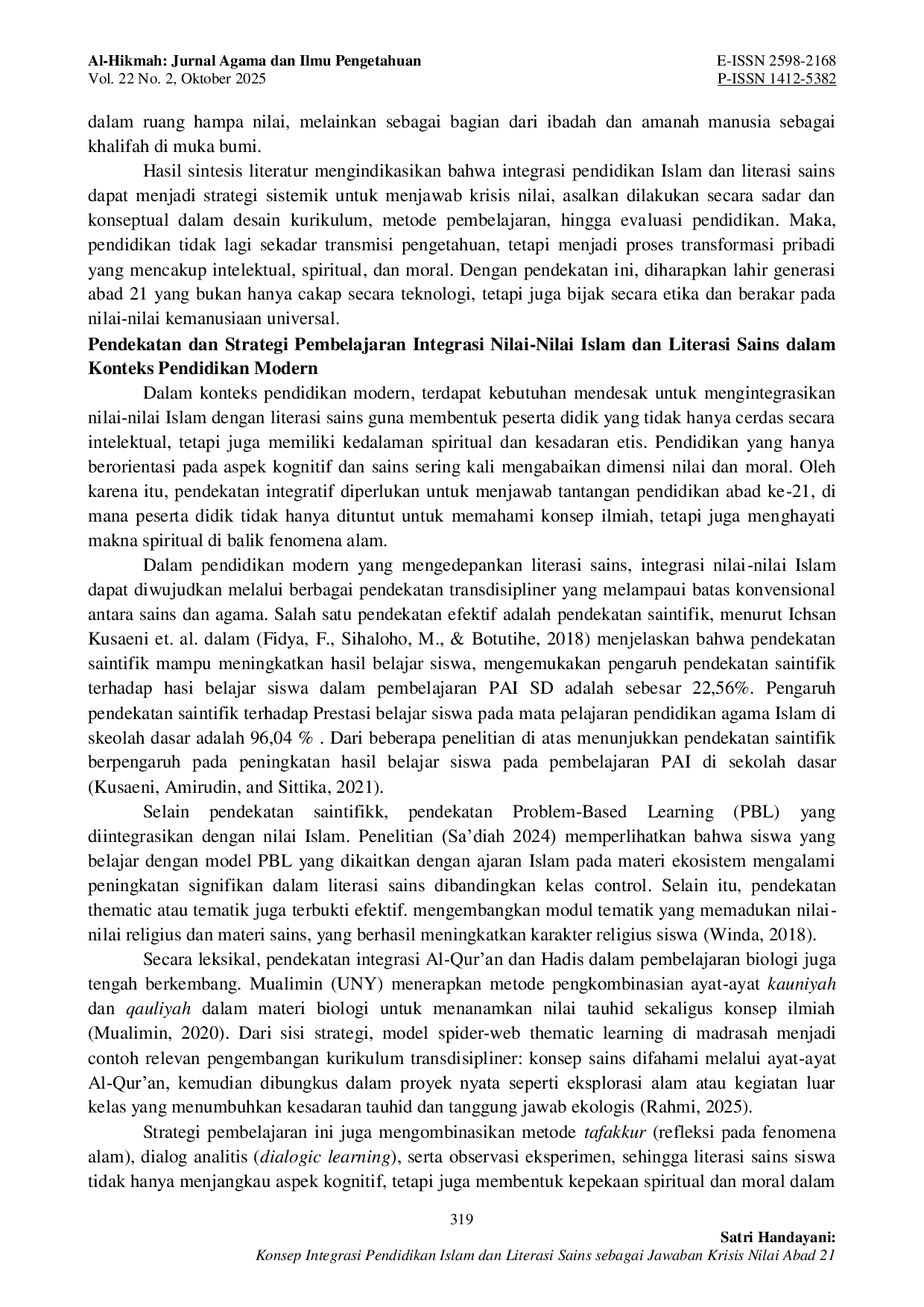 JURIS Konsep Integrasi Pendidikan Islam dan Literasi Sains sebagai Jawaban Krisis Nilai Abad 21