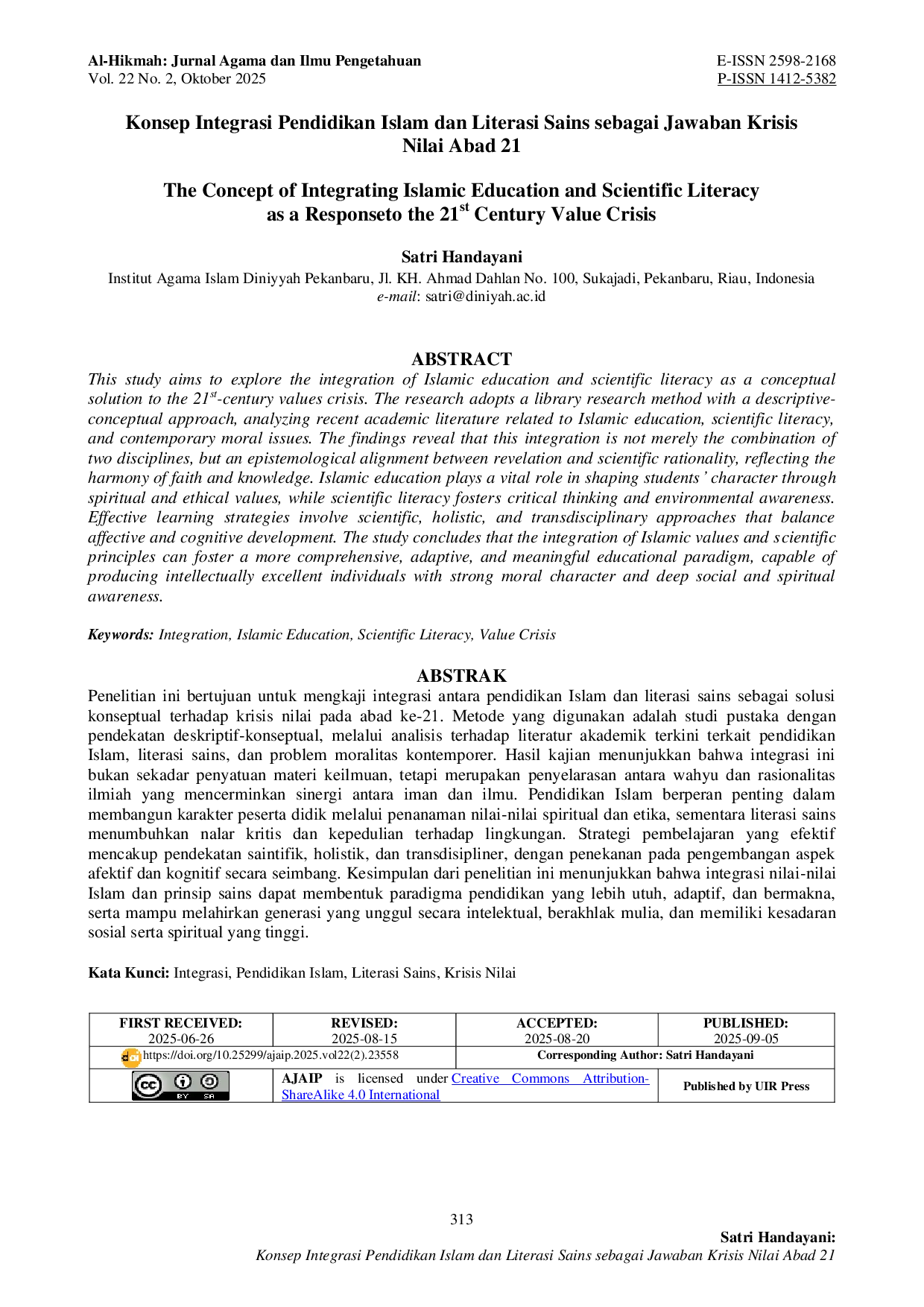 JURIS Konsep Integrasi Pendidikan Islam dan Literasi Sains sebagai Jawaban Krisis Nilai Abad 21