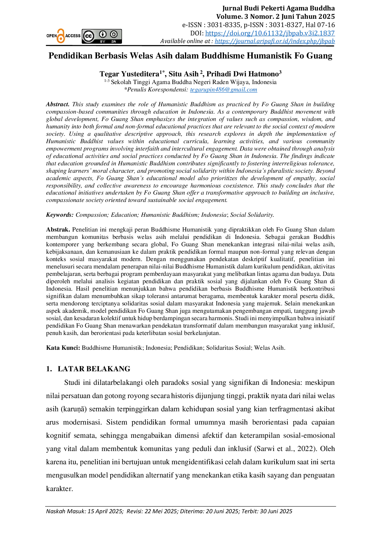 JURIS Pendidikan Berbasis Welas Asih dalam Buddhisme Humanistik Fo Guang