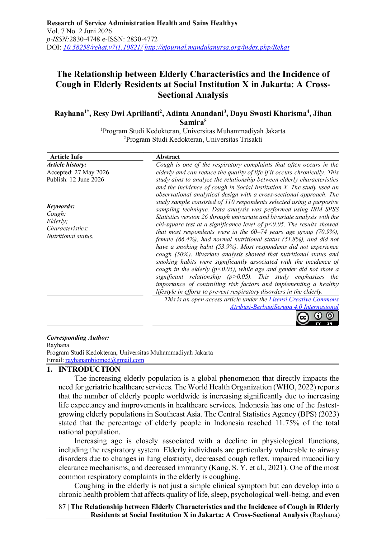 JURIS The Relationship between Elderly Characteristics and the Incidence of Cough in Elderly Residents at Social Institution X in Jakarta A Cross Sectional Analysis