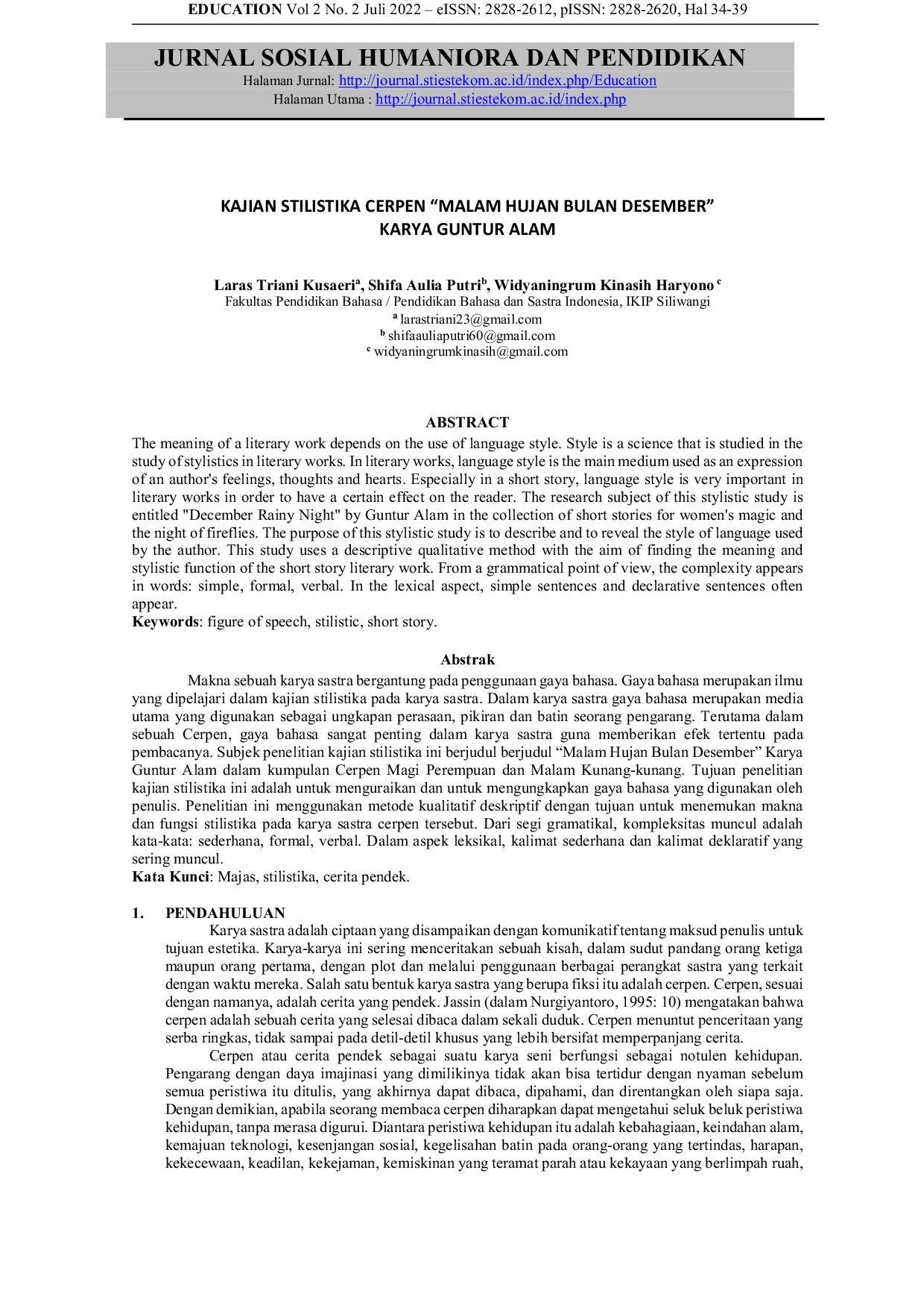 JURIS Kajian Stilistika Cerpen Malam Hujan Bulan Desember Karya Guntur Alam