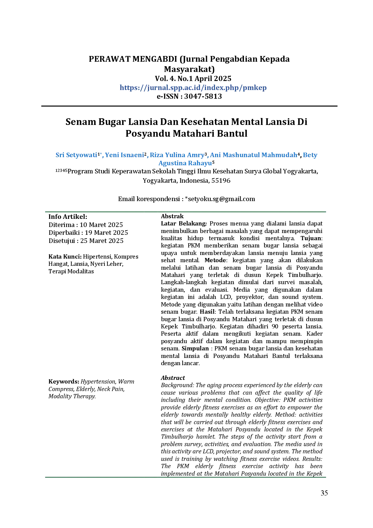 juris Senam Bugar Lansia Dan Kesehatan Mental Lansia Di Posyandu Matahari Bantul