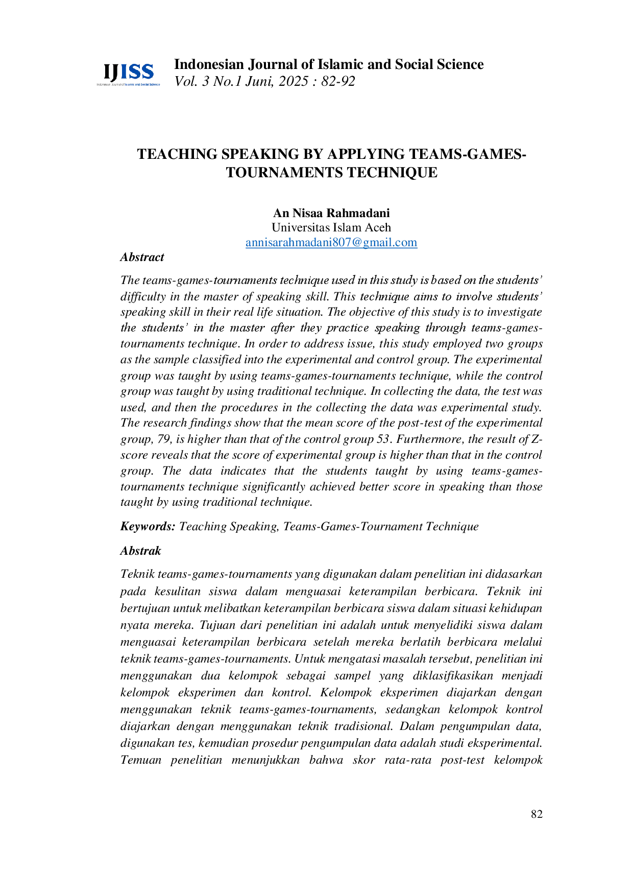 juris Teaching Speaking by Applying Teams Games Tournaments Technique