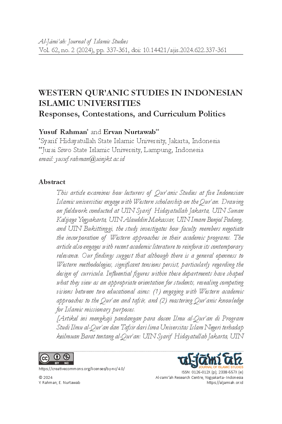 juris Western Qur anic Studies in Indonesian Islamic Universities Responses Contestations and Curriculum Politics