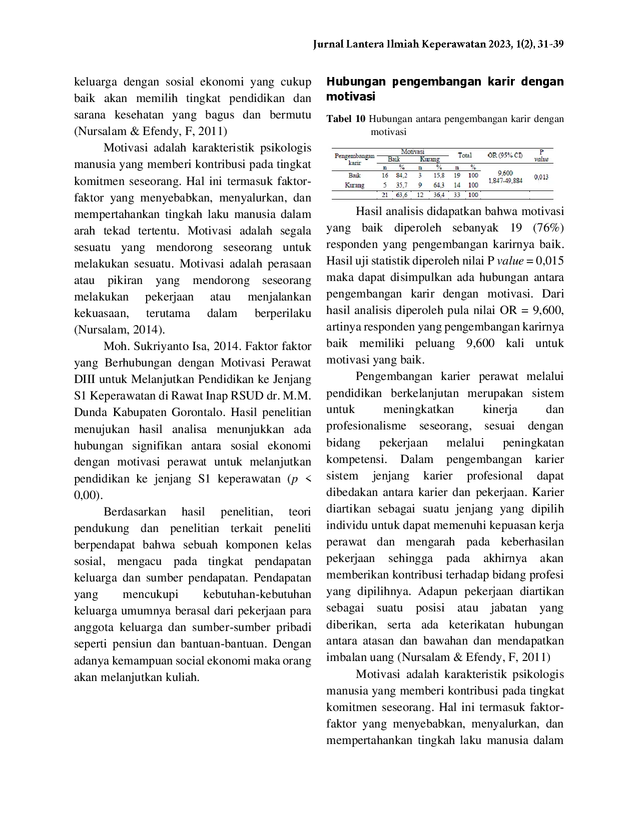 juris Faktor Faktor yang Berhubungan dengan Motivasi Perawat yang Akan Melanjutkan Jenjang S1 Keperawatan di Puskesmas Lembak dan Puskesmas Gelumbang Muara Enim