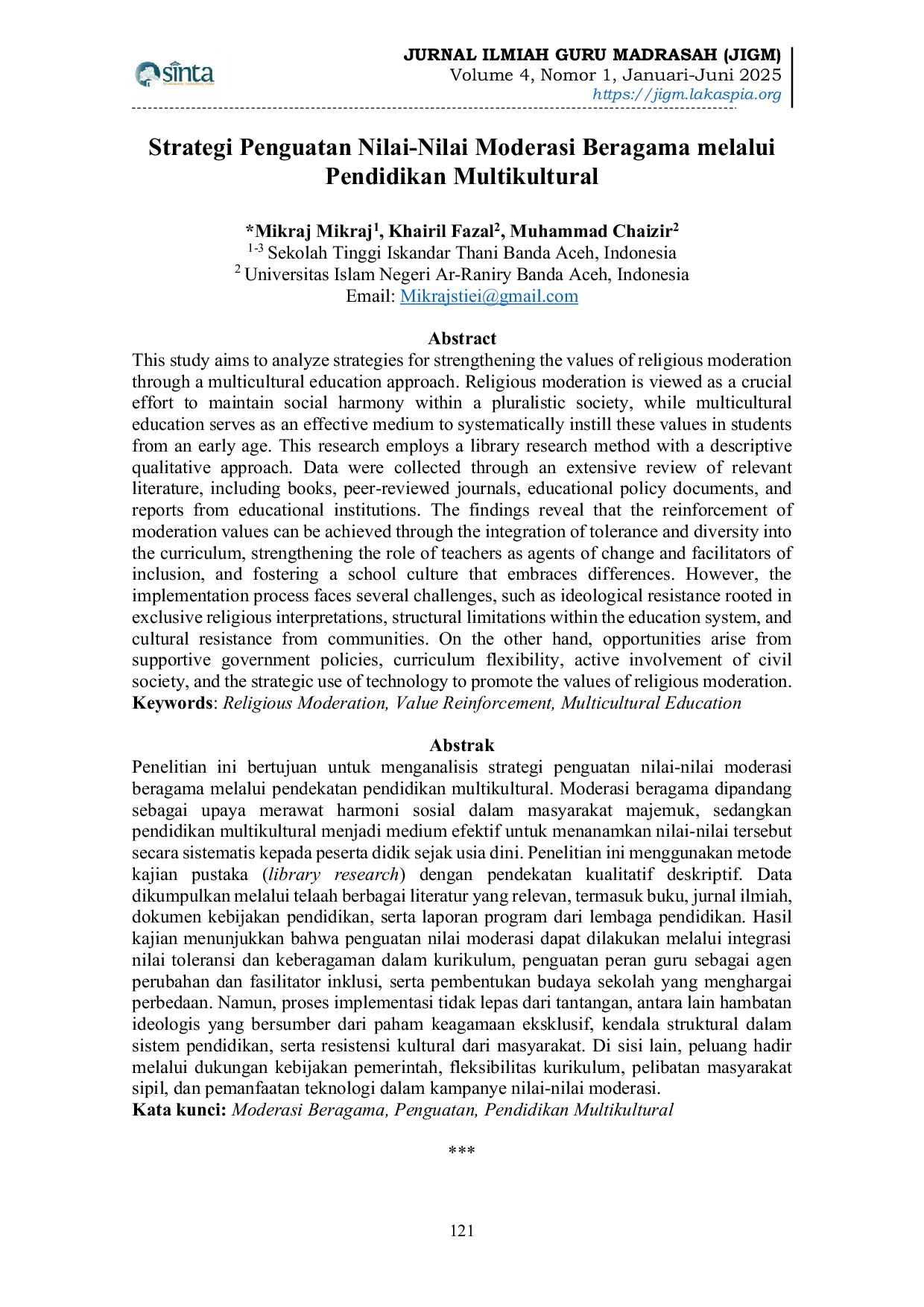 JURIS Strategi Penguatan Nilai Nilai Moderasi Beragama melalui Pendidikan Multikultural