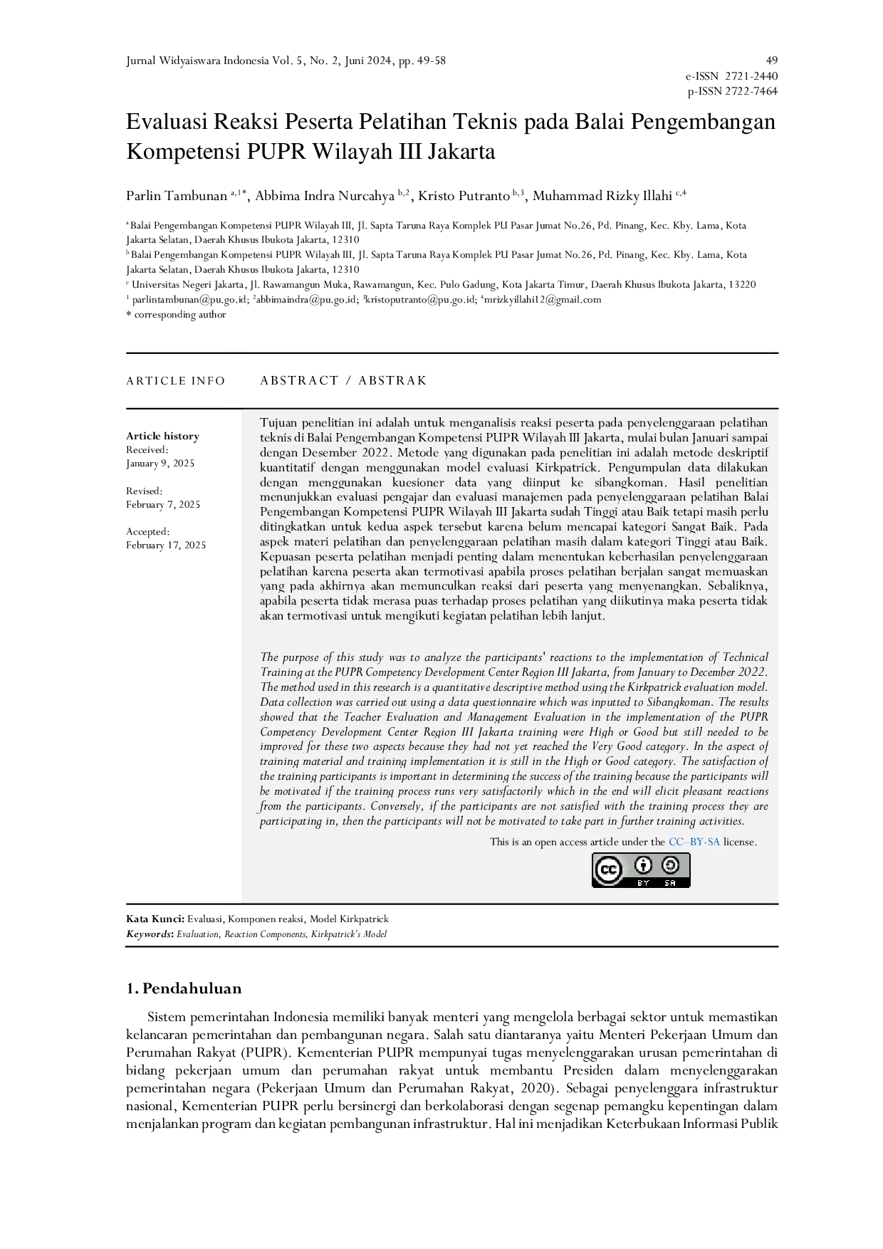 JURIS Evaluasi Reaksi Peserta Pelatihan Teknis pada Balai Pengembangan Kompetensi PUPR Wilayah III Jakarta