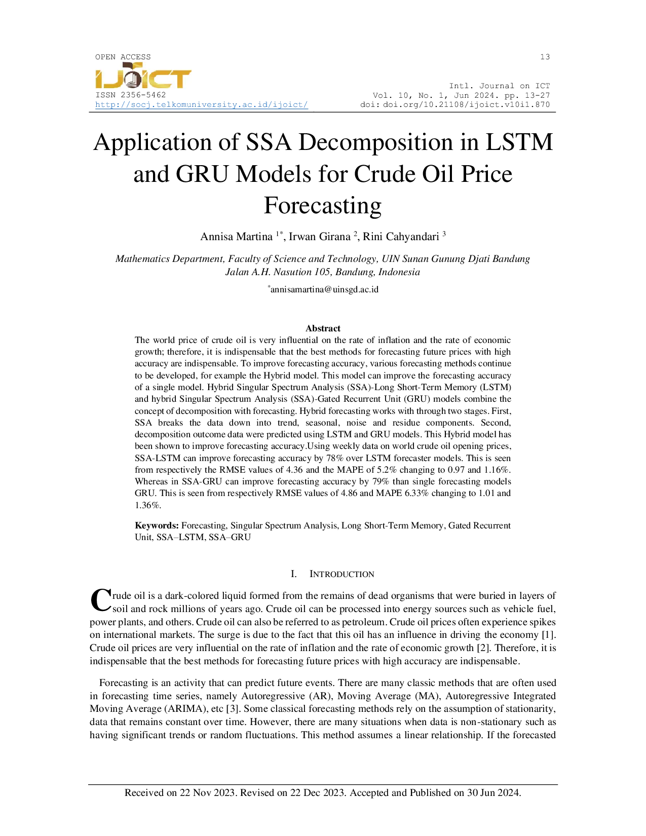 JURIS Application of Singular Spectrum Analysis SSA Decomposition in Artificial Neural Network ANN Forecasting