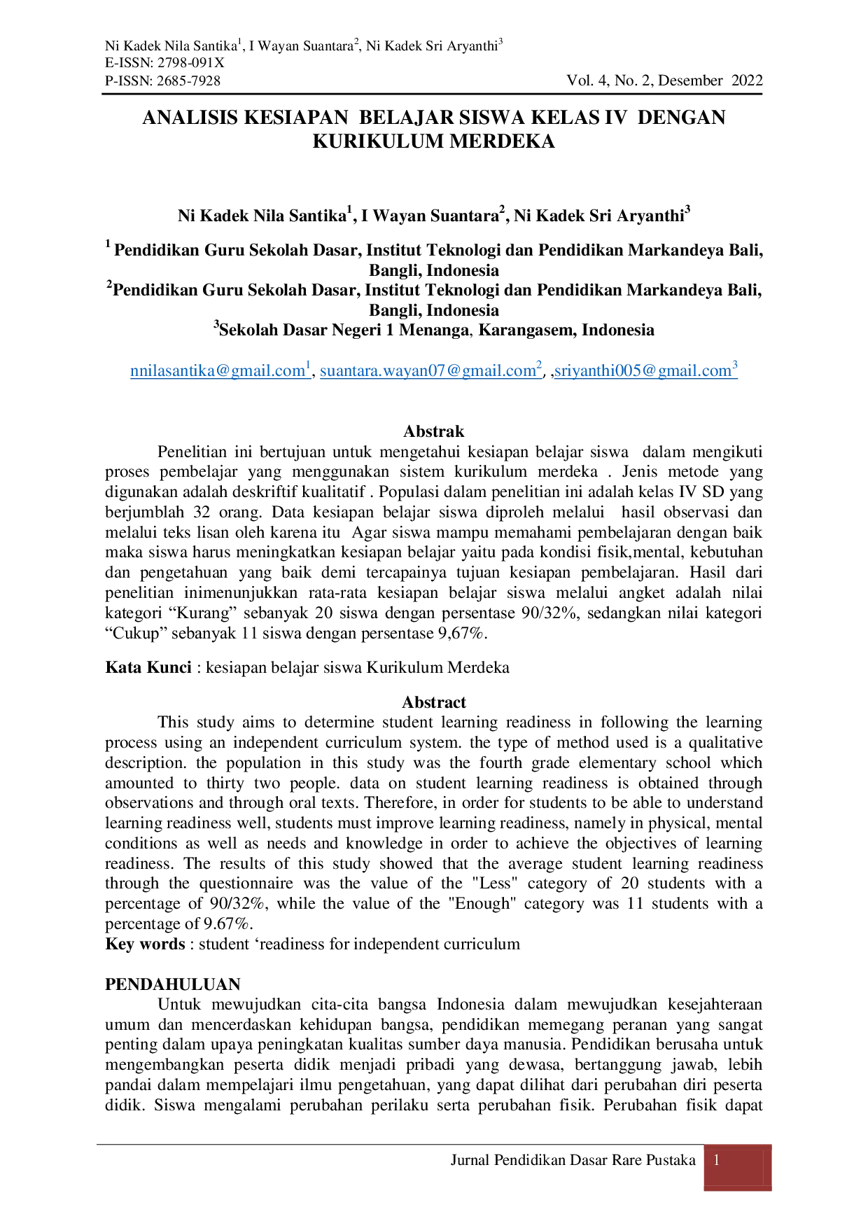 JURIS Analisis Kesiapan Belajar Siswa Kelas IV Dengan Kurikulum Merdeka