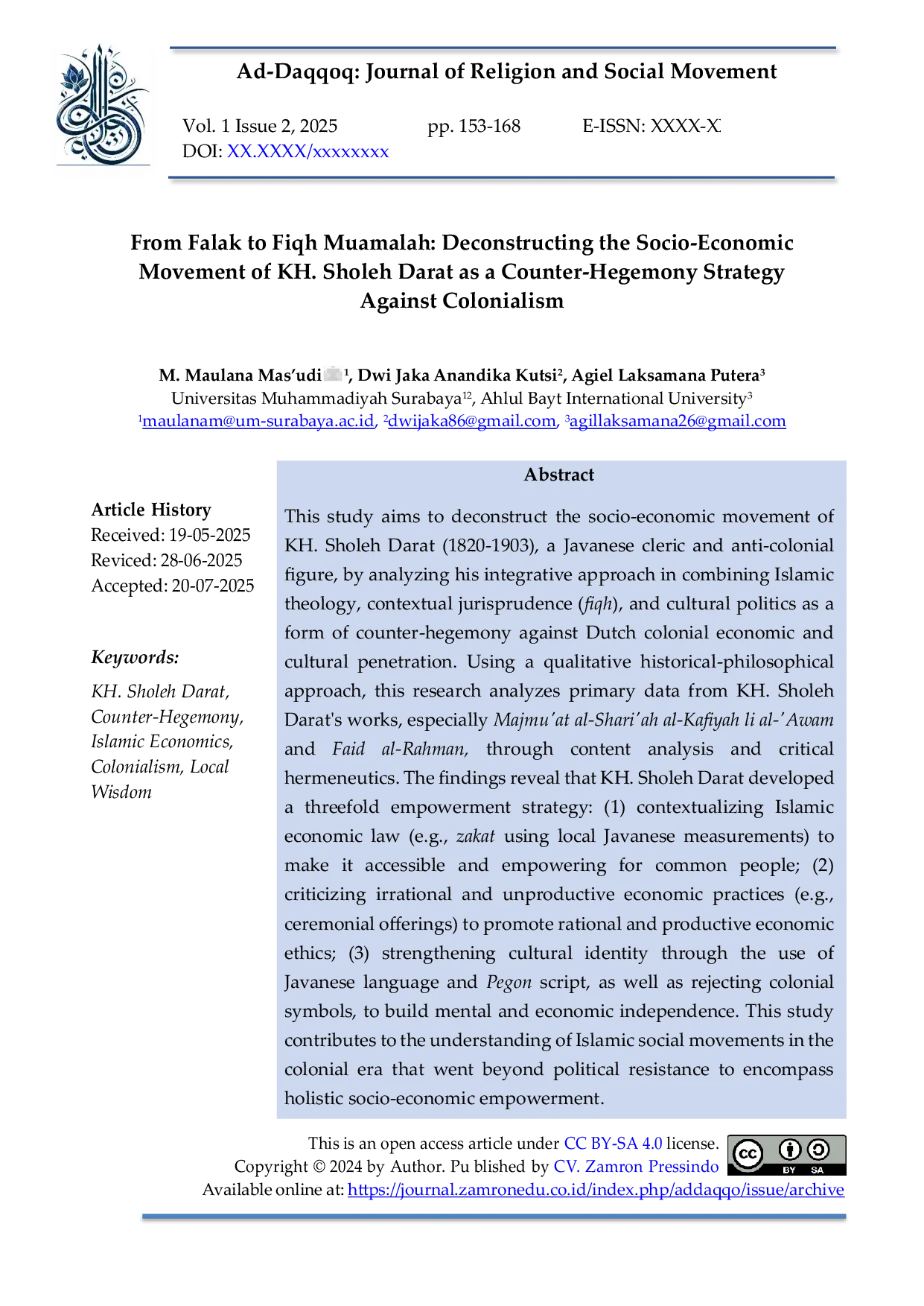 JURIS From Falak to Fiqh Muamalah Deconstructing the Socio Economic Movement of KH Sholeh Darat as a Counter Hegemony Strategy Against Colonialism