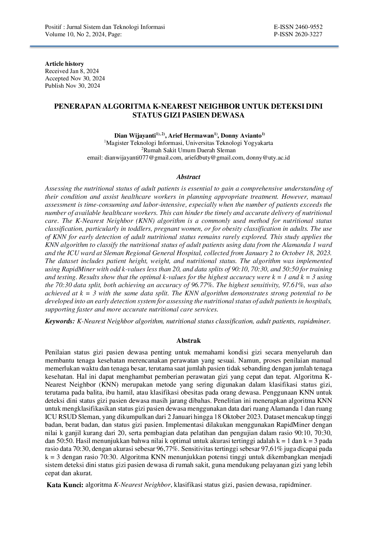 JURIS Penerapan Algoritma K Nearest Neighbor untuk Deteksi Dini Status Gizi Pasien Dewasa