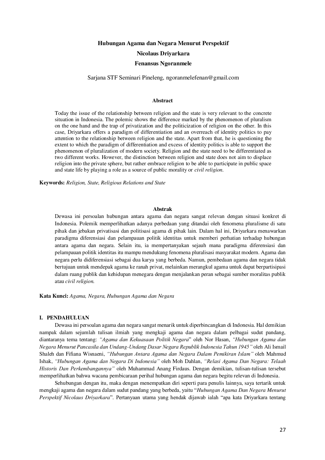 JURIS Hubungan Agama dan Negara Menurut Perspektif Nicolaus Driyarkara