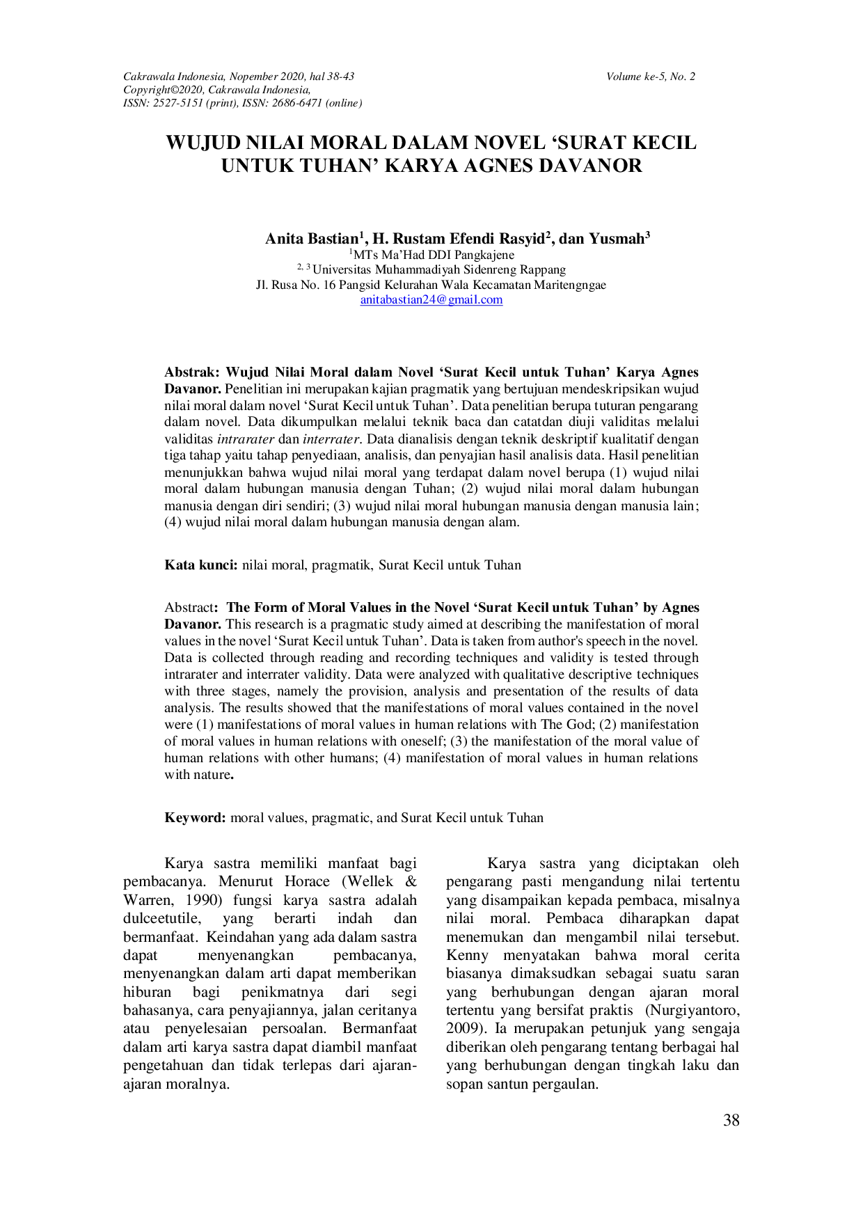 JURIS Wujud Nilai Moral dalam Novel Surat Kecil untuk Tuhan Karya Agnes Davanor