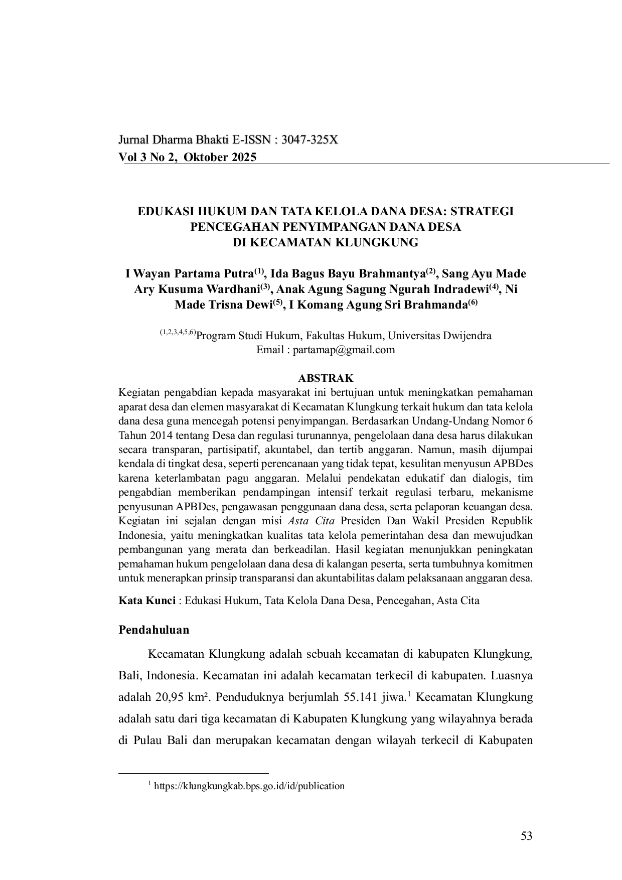 JURIS Edukasi Hukum Dan Tata Kelola Dana Desa Strategi Pencegahan Penyimpangan Dana Desa Di Kecamatan Klungkung