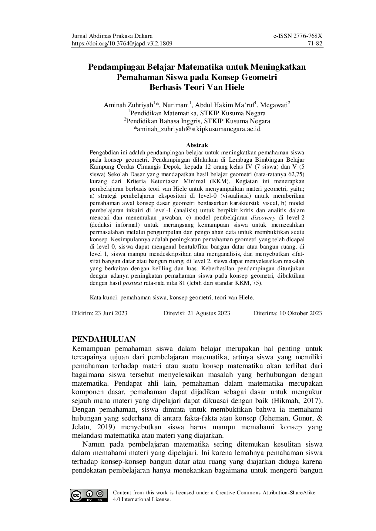 JURIS Pendampingan Belajar Matematika untuk Meningkatkan Pemahaman Siswa pada Konsep Geometri Berbasis Teori Van Hiele