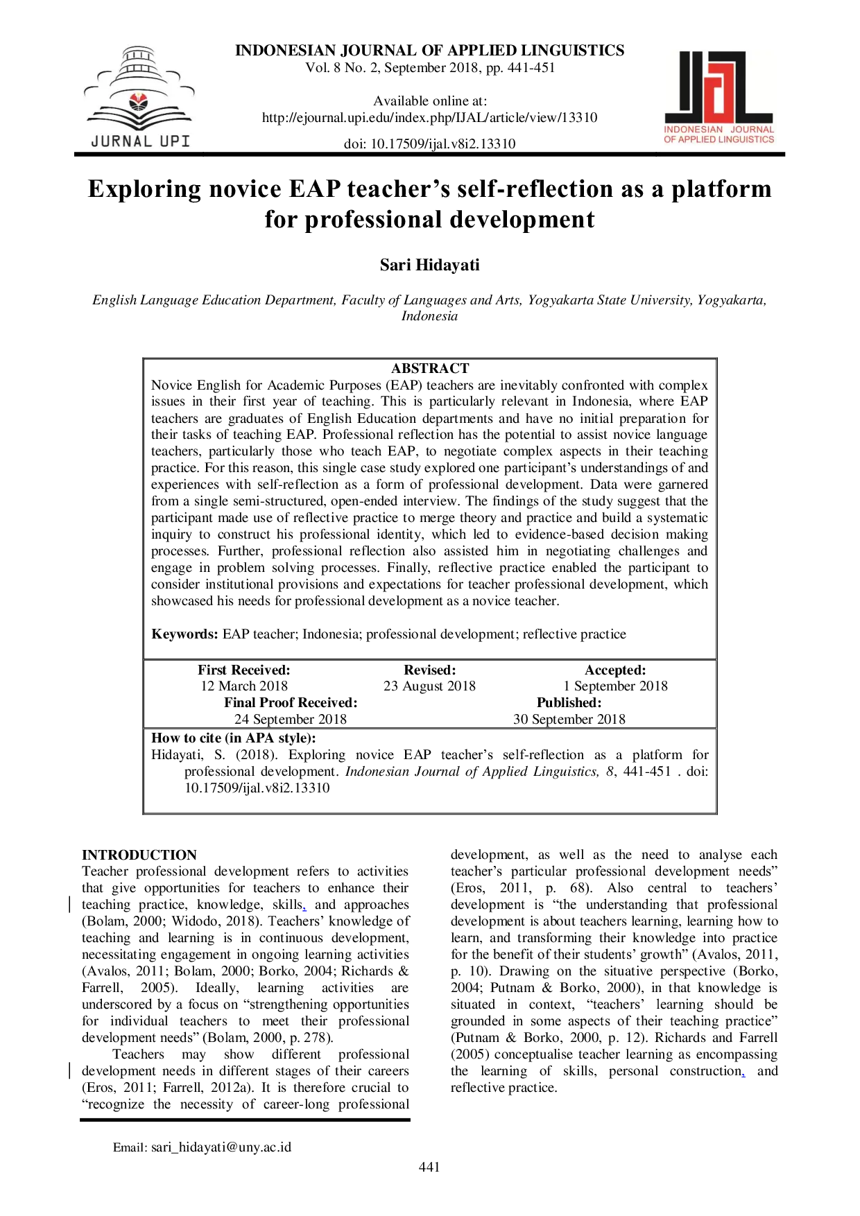 JURIS Exploring novice EAP teacher s self reflection as a platform for professional development