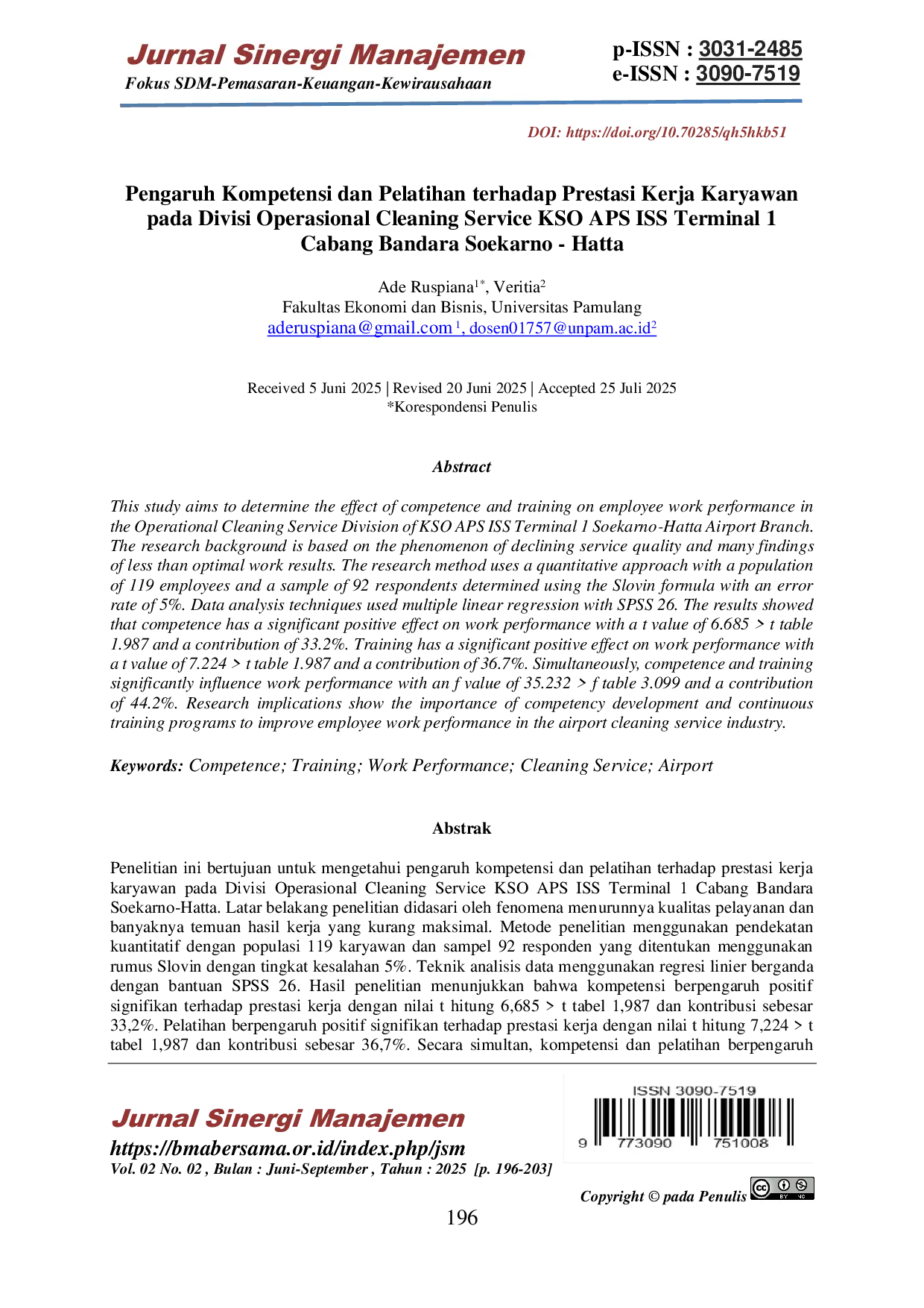 JURIS Pengaruh Kompetensi Dan Pelatihan Terhadap Prestasi Kerja Karyawan Pada Divisi Operasional Cleaning Service KSO APS ISS Terminal 1 Cabang Bandara Soekarno Hatta
