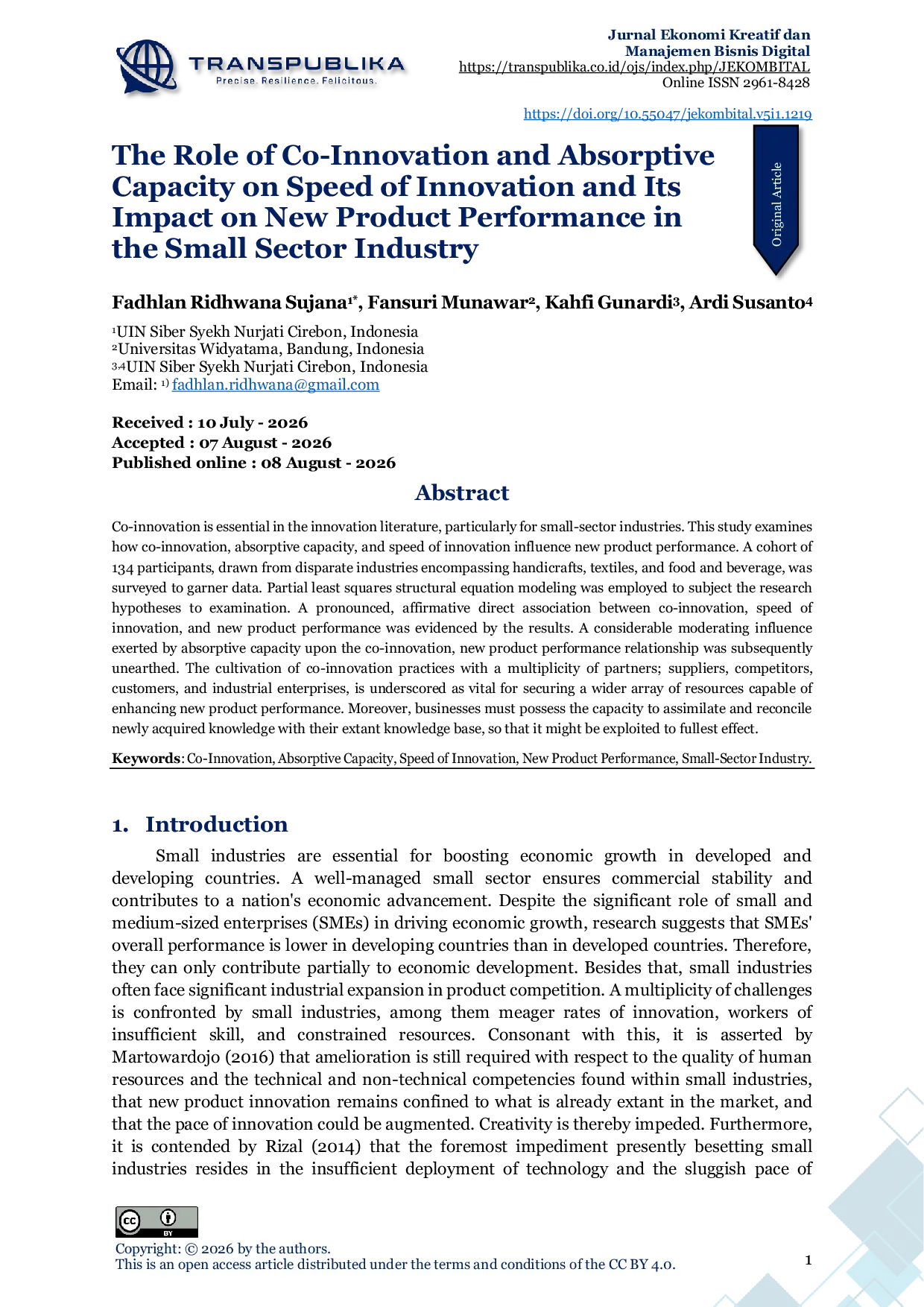 JURIS The Role of Co Innovation and Absorptive Capacity on Speed of Innovation and Its Impact on New Product Performance in the Small Sector Industry