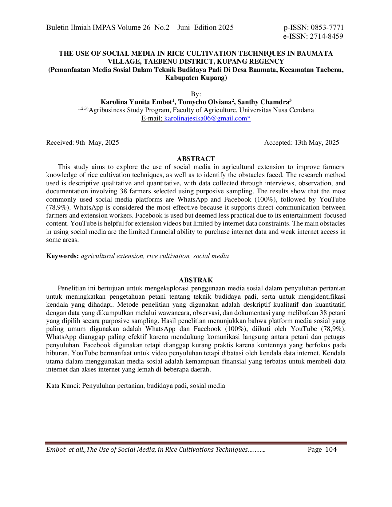 JURIS Pemanfaatan Media Sosial Dalam Teknik Budidaya Padi Di Desa Baumata Kecamatan Taebenu Kabupaten Kupang
