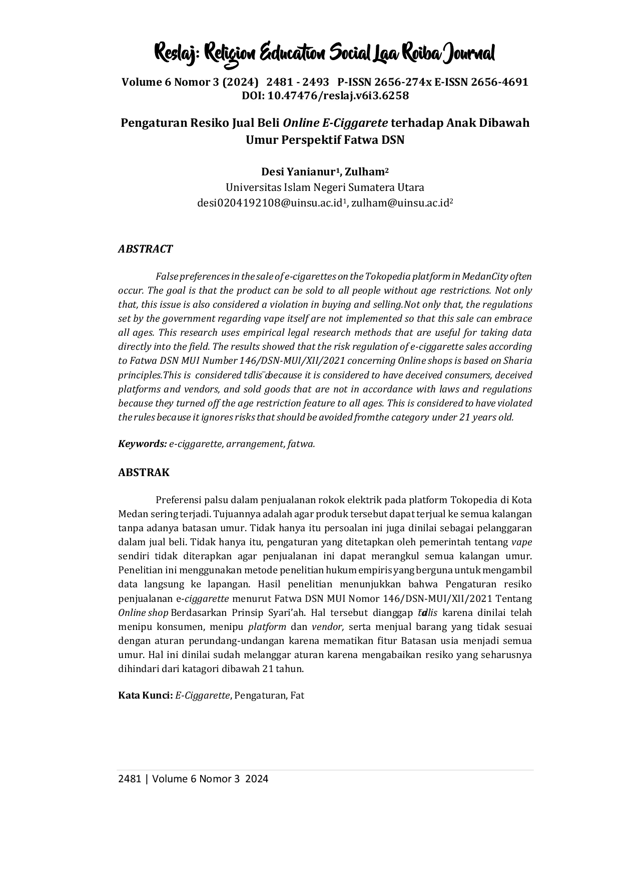 JURIS Pengaturan Resiko Jual Beli Online E Ciggarete terhadap Anak Dibawah Umur Perspektif Fatwa DSN