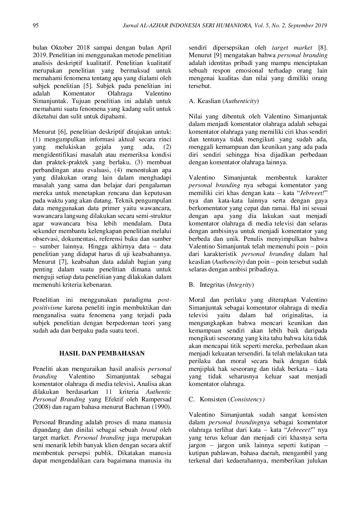 JURIS Personal Branding Valentino Simanjuntak sebagai Komentator Olahraga di Media Televisi