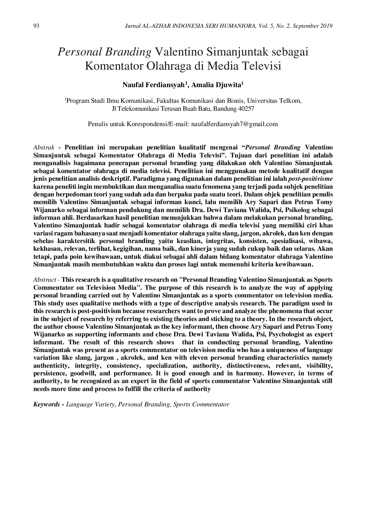 JURIS Personal Branding Valentino Simanjuntak sebagai Komentator Olahraga di Media Televisi