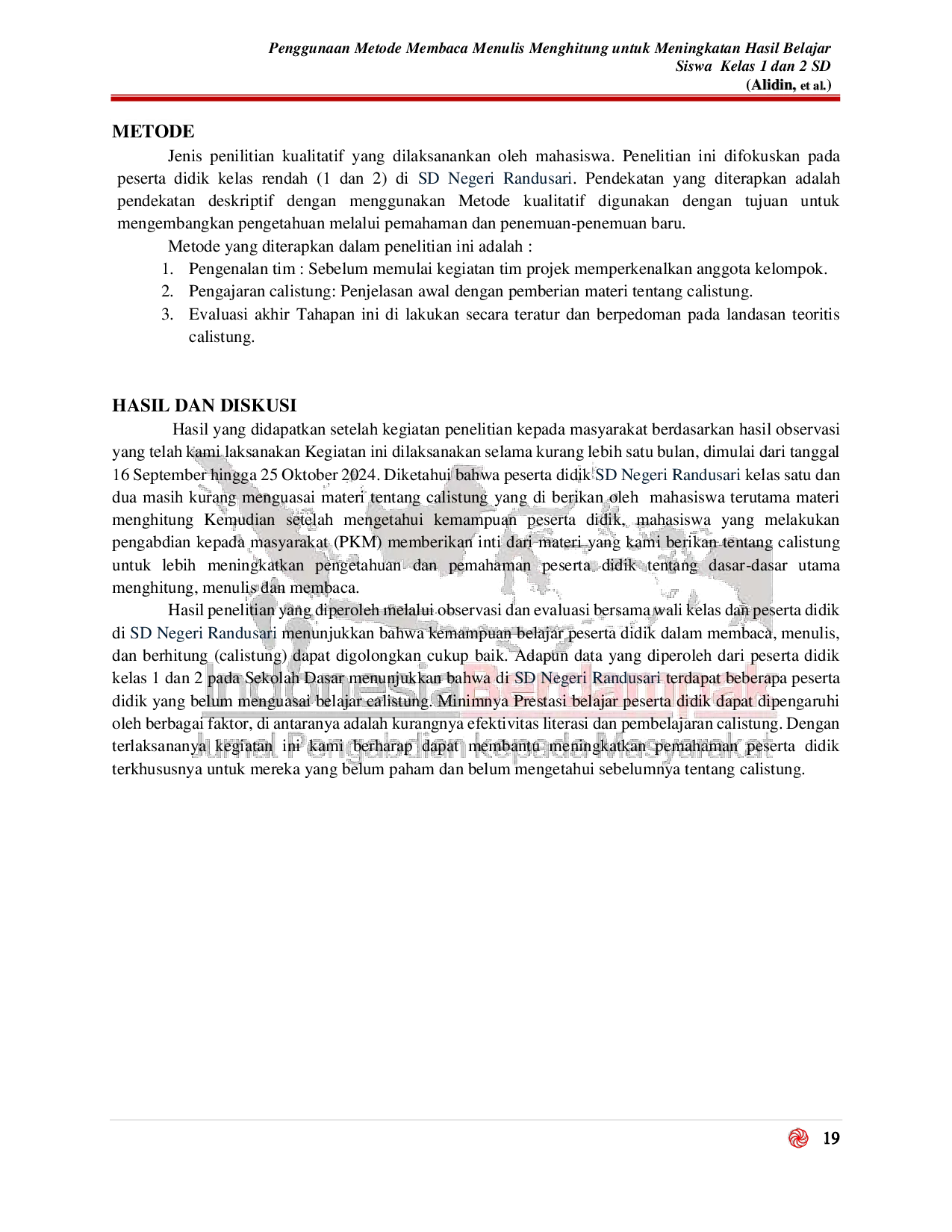 JURIS Penggunaan Metode Membaca Menulis Menghitung untuk Meningkatan Hasil Belajar Siswa Kelas 1 dan 2 SD