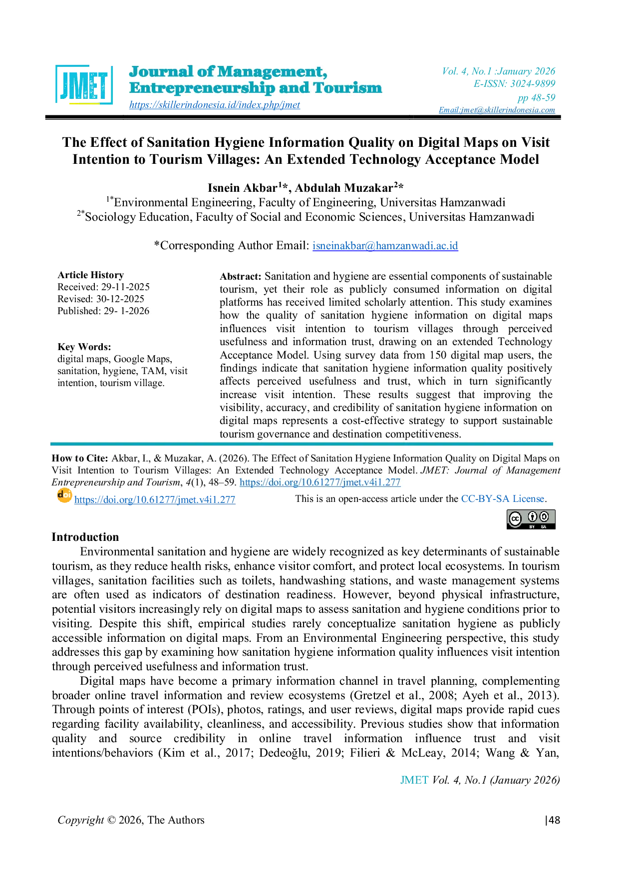 JURIS The Effect of Sanitation Hygiene Information Quality on Digital Maps on Visit Intention to Tourism Villages An Extended Technology Acceptance Model
