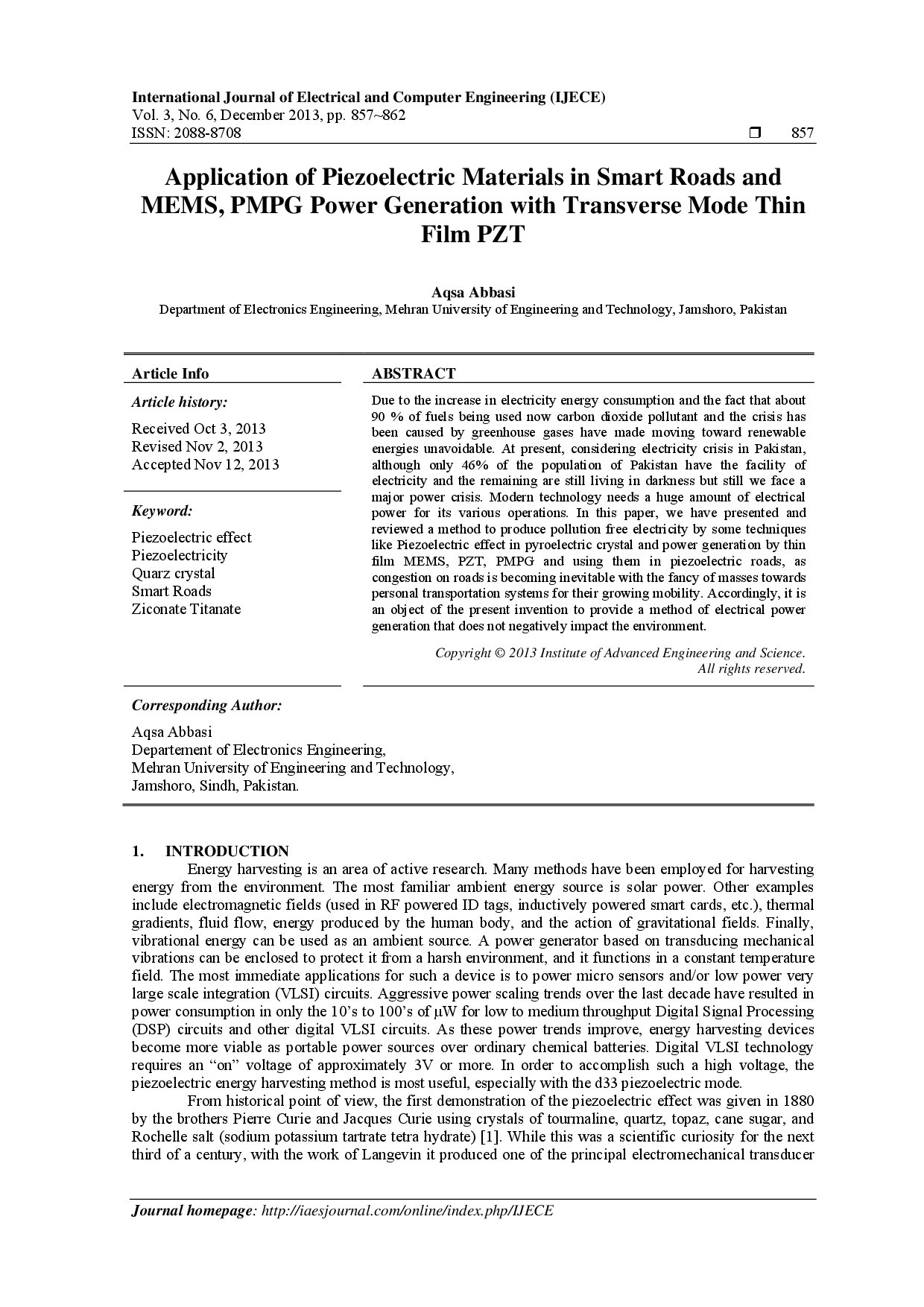 juris Application of Piezoelectric Materials in Smart Roads and MEMS PMPG Power Generation with Transverse Mode Thin Film PZT