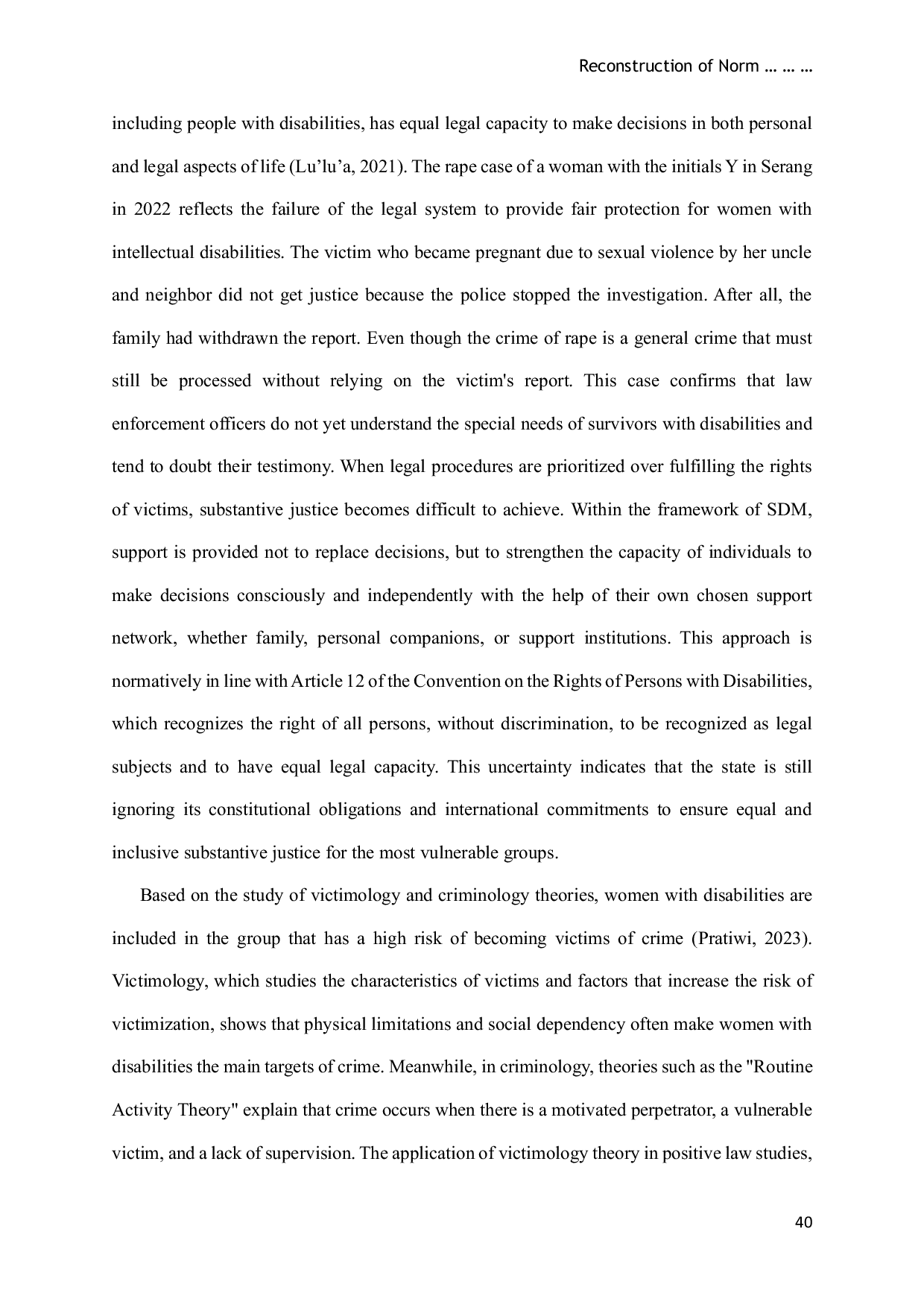JURIS Reconstruction of Norms for Women with Disabilities as Victims of Sexual Violence