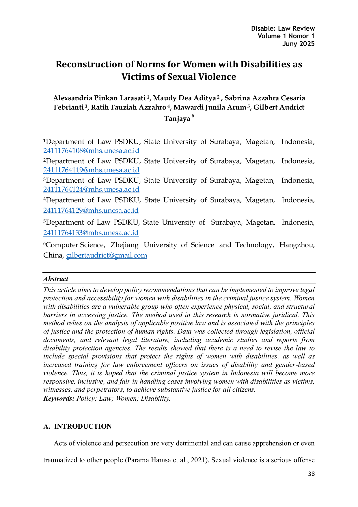 JURIS Reconstruction of Norms for Women with Disabilities as Victims of Sexual Violence