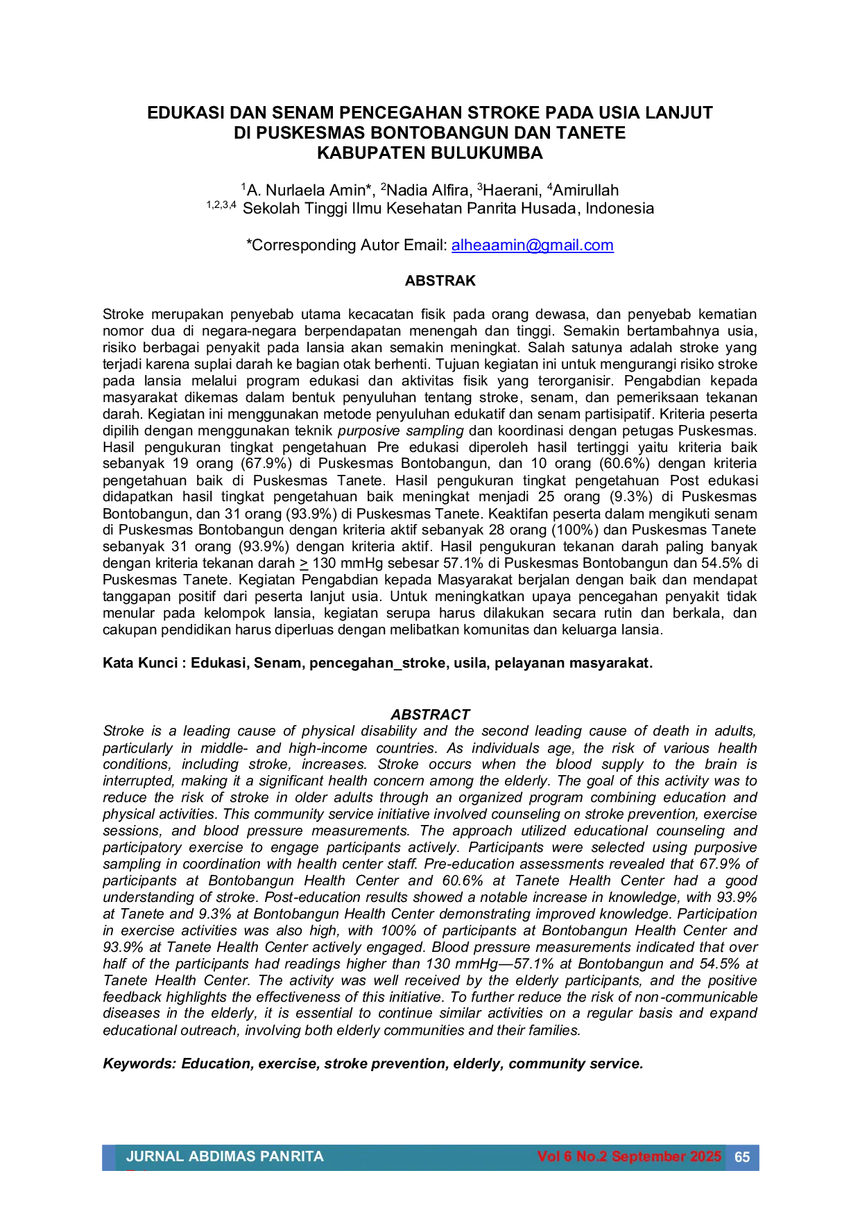 JURIS Edukasi Dan Senam Pencegahan Stroke Pada Usia Lanjut Di Puskesmas Bontobangun Dan Tanete Kabupaten Bulukumba