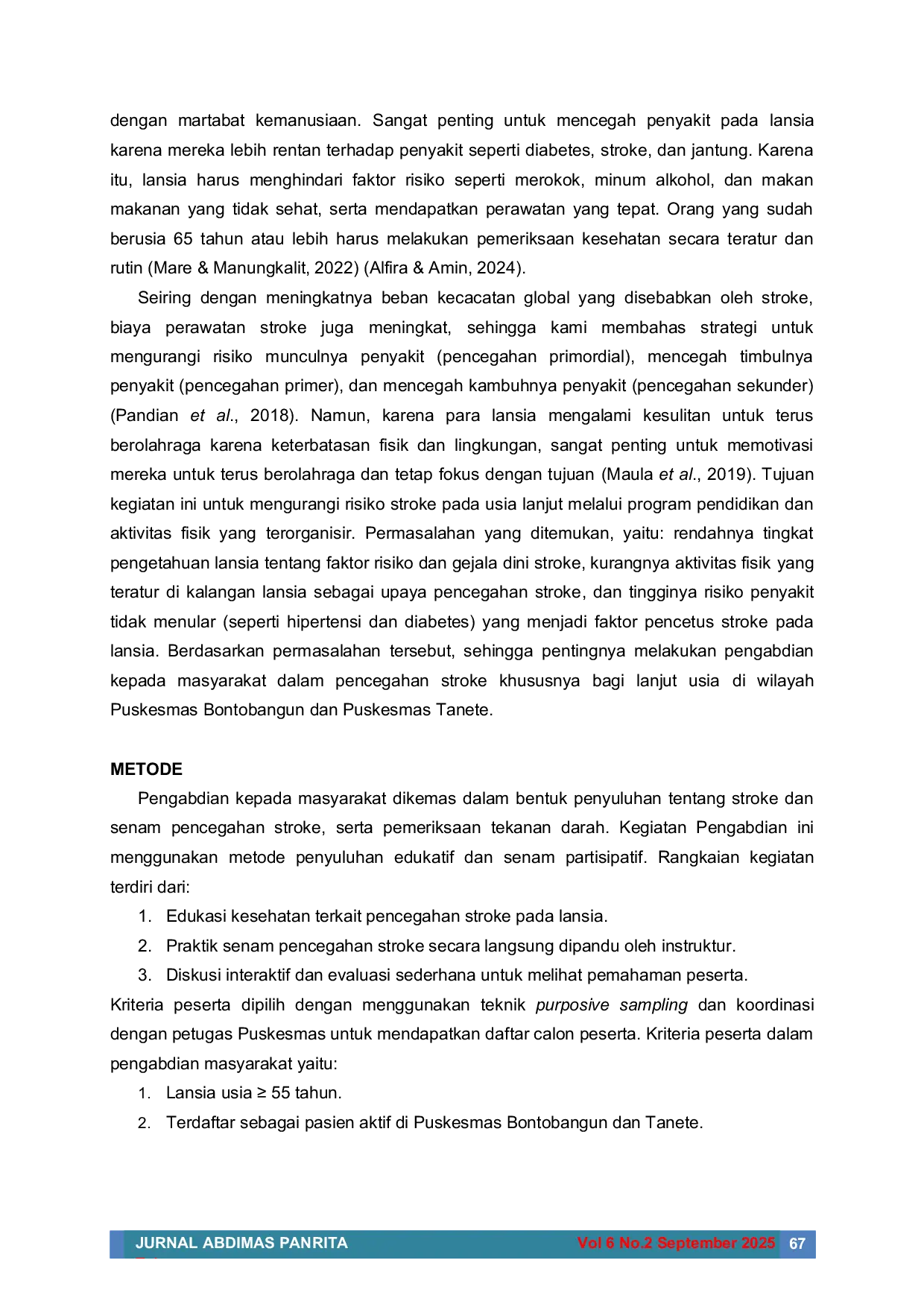 JURIS Edukasi Dan Senam Pencegahan Stroke Pada Usia Lanjut Di Puskesmas Bontobangun Dan Tanete Kabupaten Bulukumba