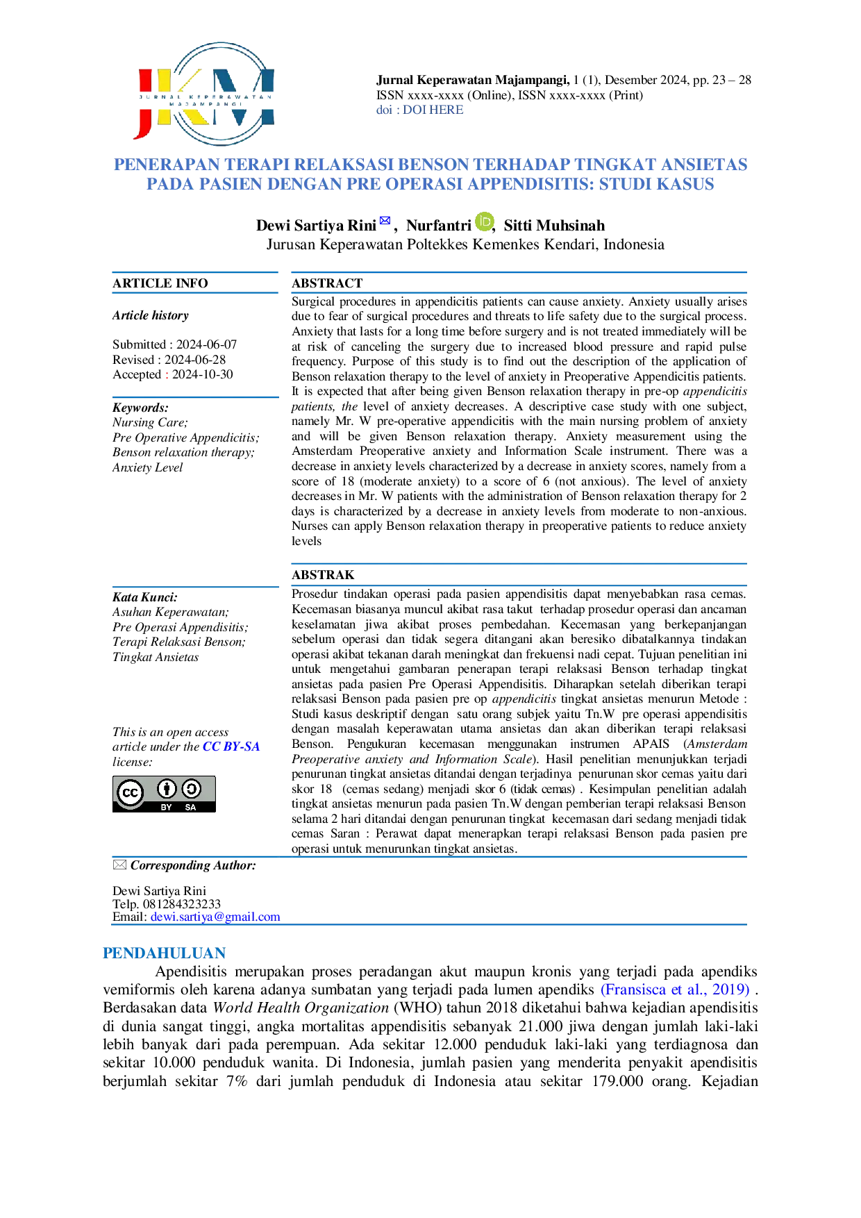 JURIS Penerapan Terapi Relaksasi Benson Terhadap Tingkat Ansietas Pada Pasien Dengan Pre Operasi Appendisitis Studi Kasus