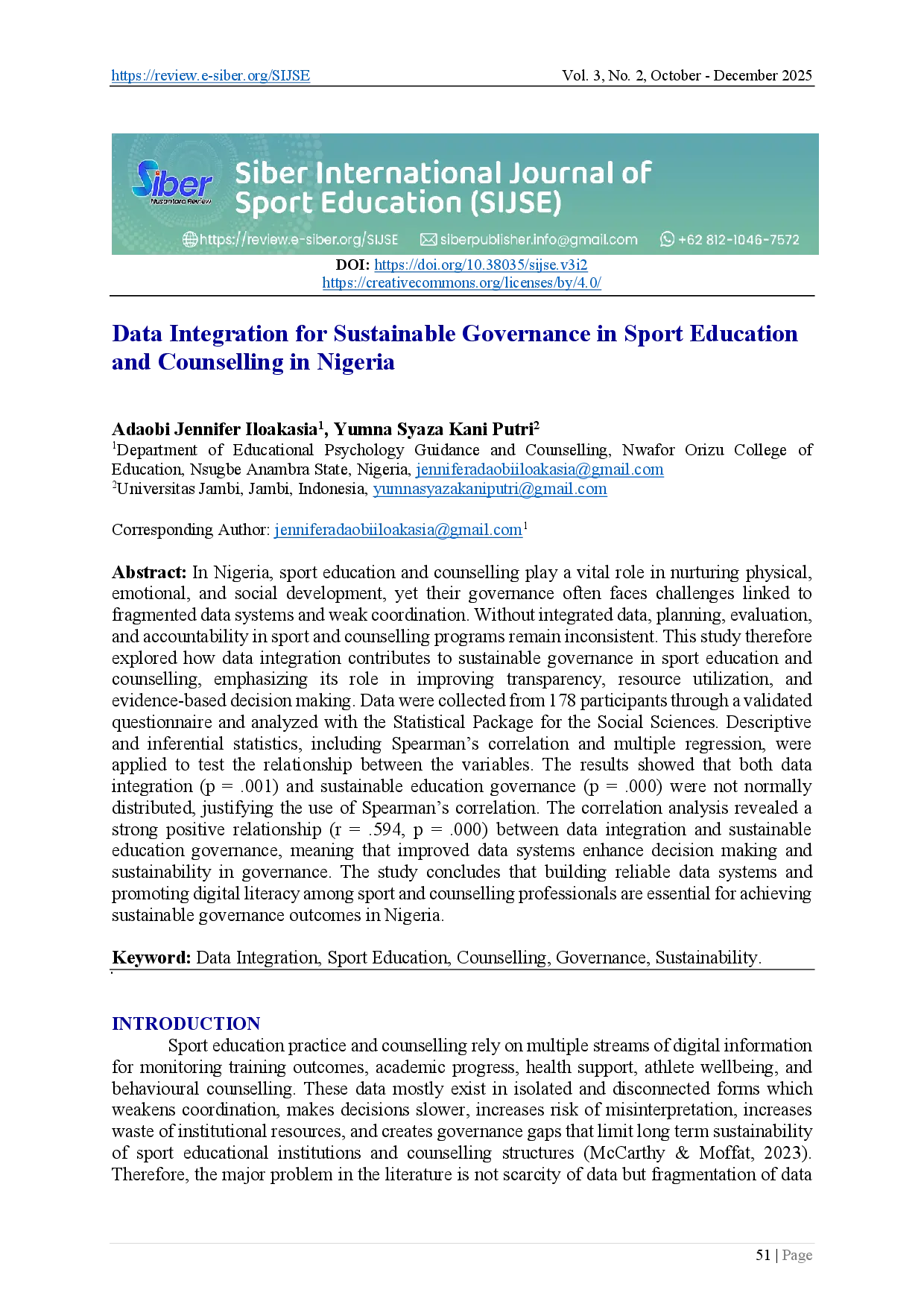 juris Data Integration for Sustainable Governance in Sport Education and Counselling in Nigeria