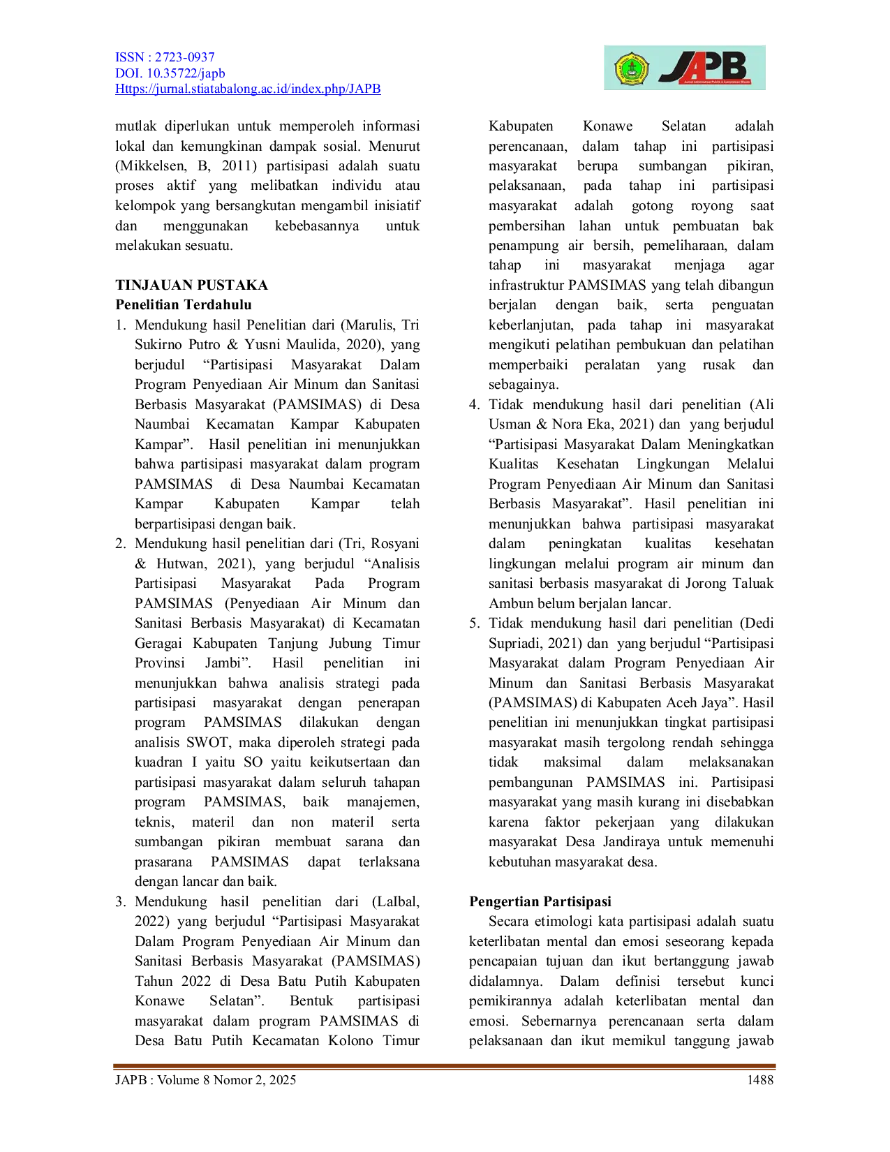 JURIS Partisipasi Masyarakat Dalam Program Penyediaan Air Minum Dan Sanitasi Berbasis Masyarakat Pamsimas Di Desa Kambitin Rt 04 Kecamatan Tanjung Kabupaten Tabalong