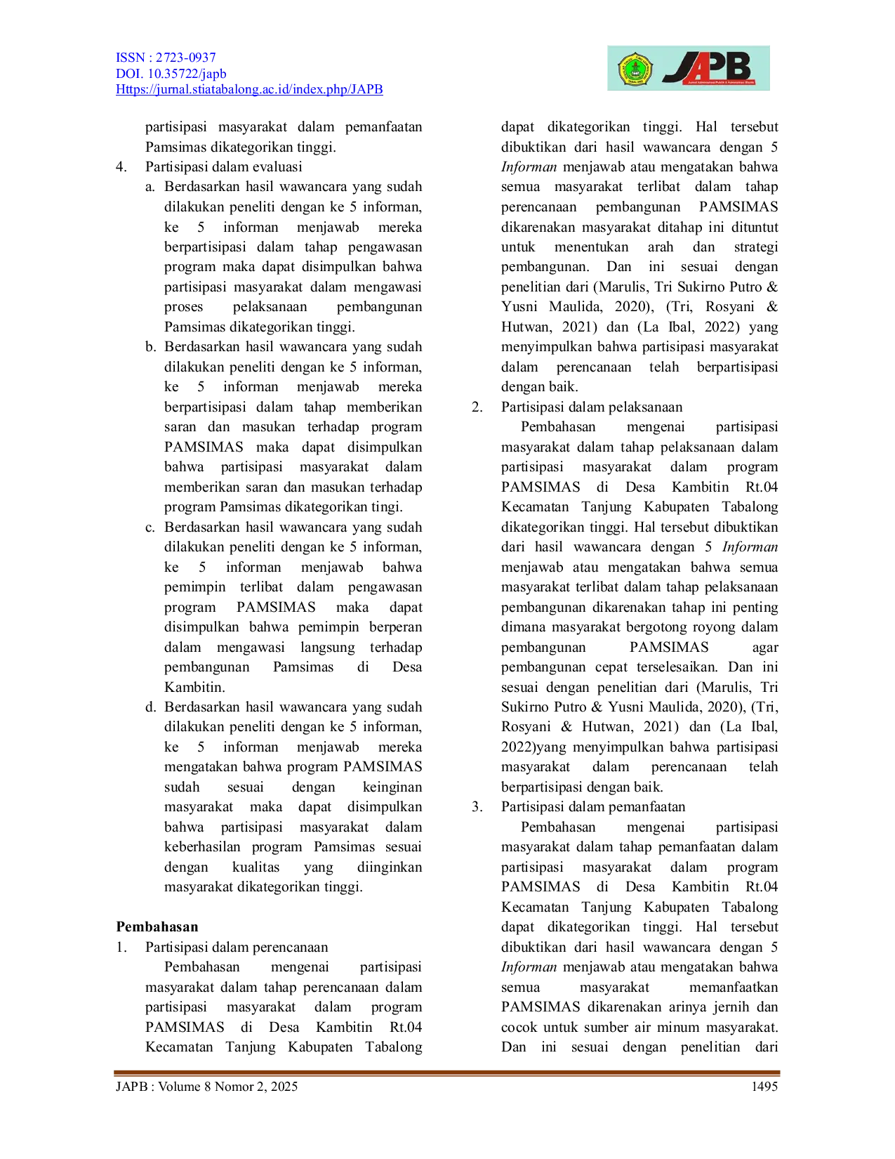JURIS Partisipasi Masyarakat Dalam Program Penyediaan Air Minum Dan Sanitasi Berbasis Masyarakat Pamsimas Di Desa Kambitin Rt 04 Kecamatan Tanjung Kabupaten Tabalong