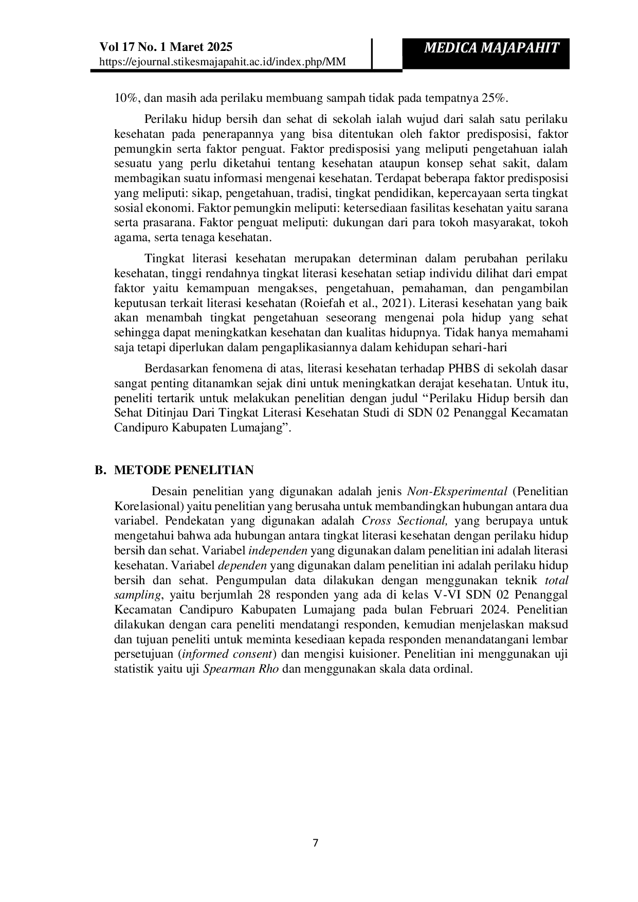 JURIS Perilaku Hidup Bersih dan Sehat Ditinjau dari Tingkat Literasi Kesehatan Studi di SDN 02 Penanggal Candipuro Kabupaten Lumajang