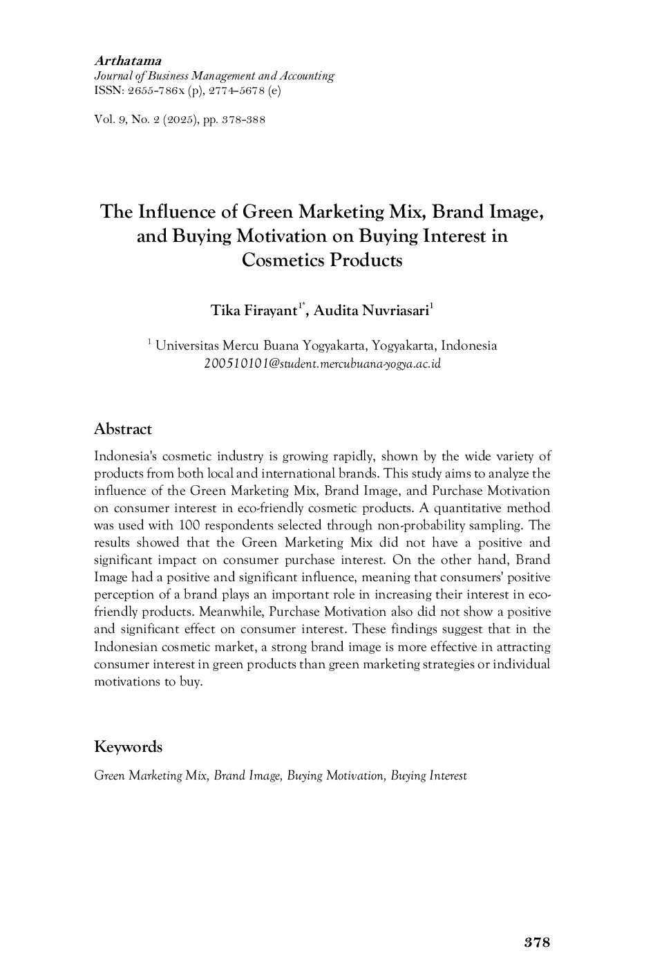 JURIS The Influence of Green Marketing Mix Brand Image and Buying Motivation on Buying Interest in Cosmetics Products
