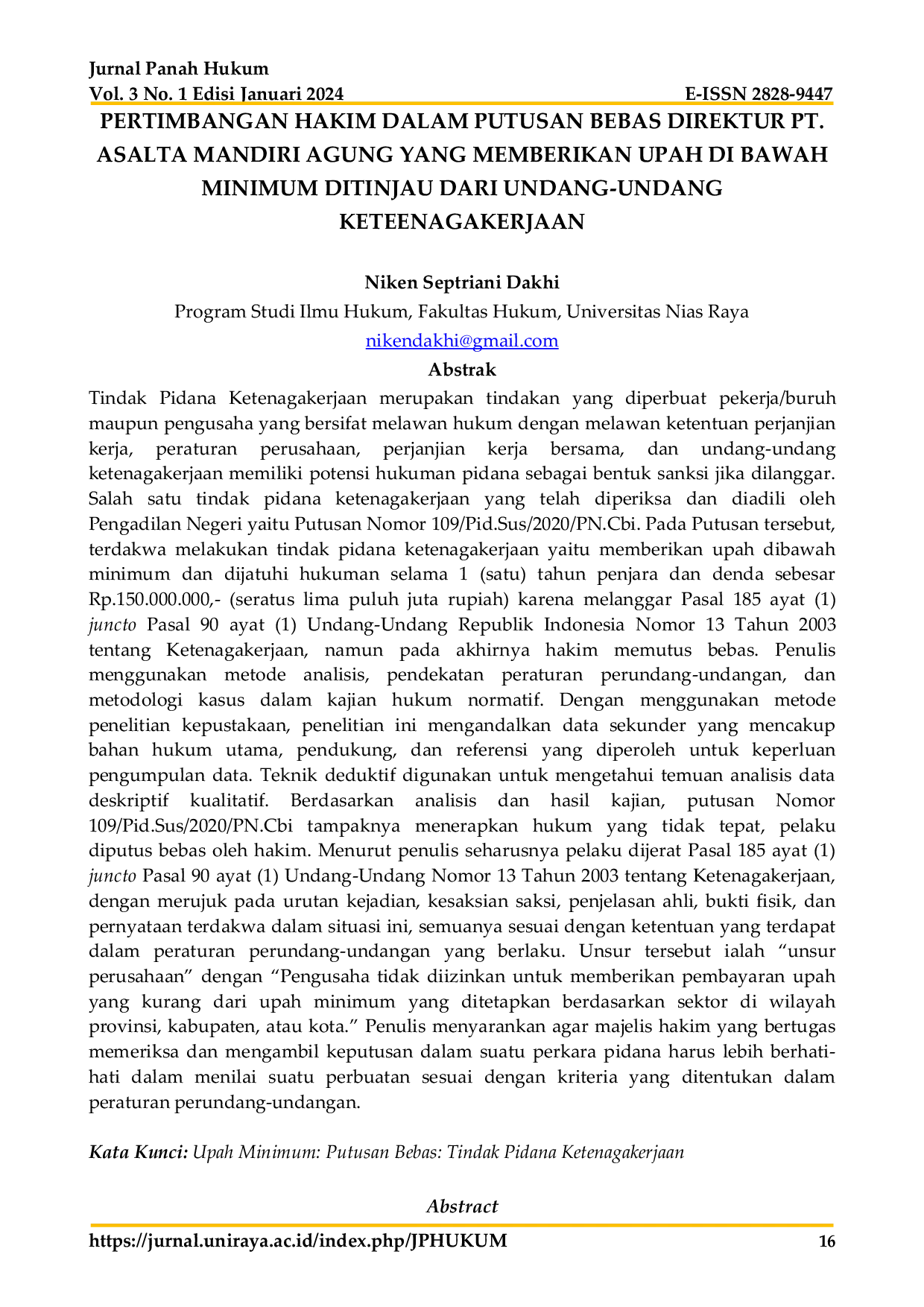 JURIS Pertimbangan Hakim Dalam Putusan Bebas Direktur PT Asalta Mandiri Agung Yang Memberikan Upah Di Bawah Minimum Ditinjau Dari Undang Undang Ketenagakerjaan