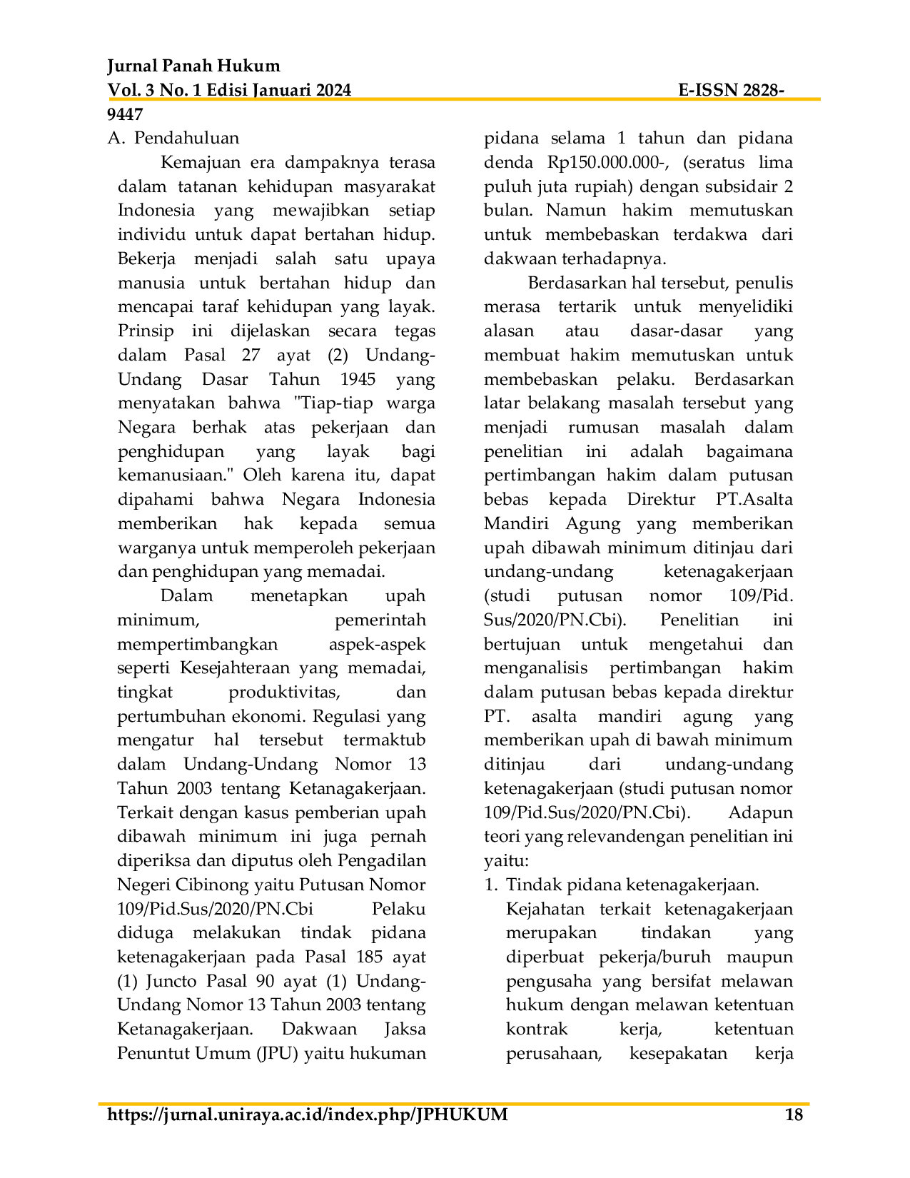 JURIS Pertimbangan Hakim Dalam Putusan Bebas Direktur PT Asalta Mandiri Agung Yang Memberikan Upah Di Bawah Minimum Ditinjau Dari Undang Undang Ketenagakerjaan