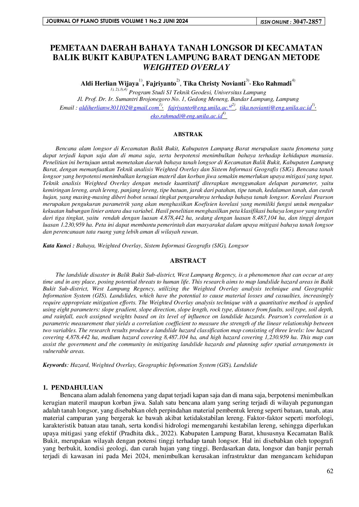 JURIS Pemetaan Daerah Bahaya Tanah Longsor Di Kecamatan Balik Bukit Kabupaten Lampung Barat Dengan Metode Weighted Overlay