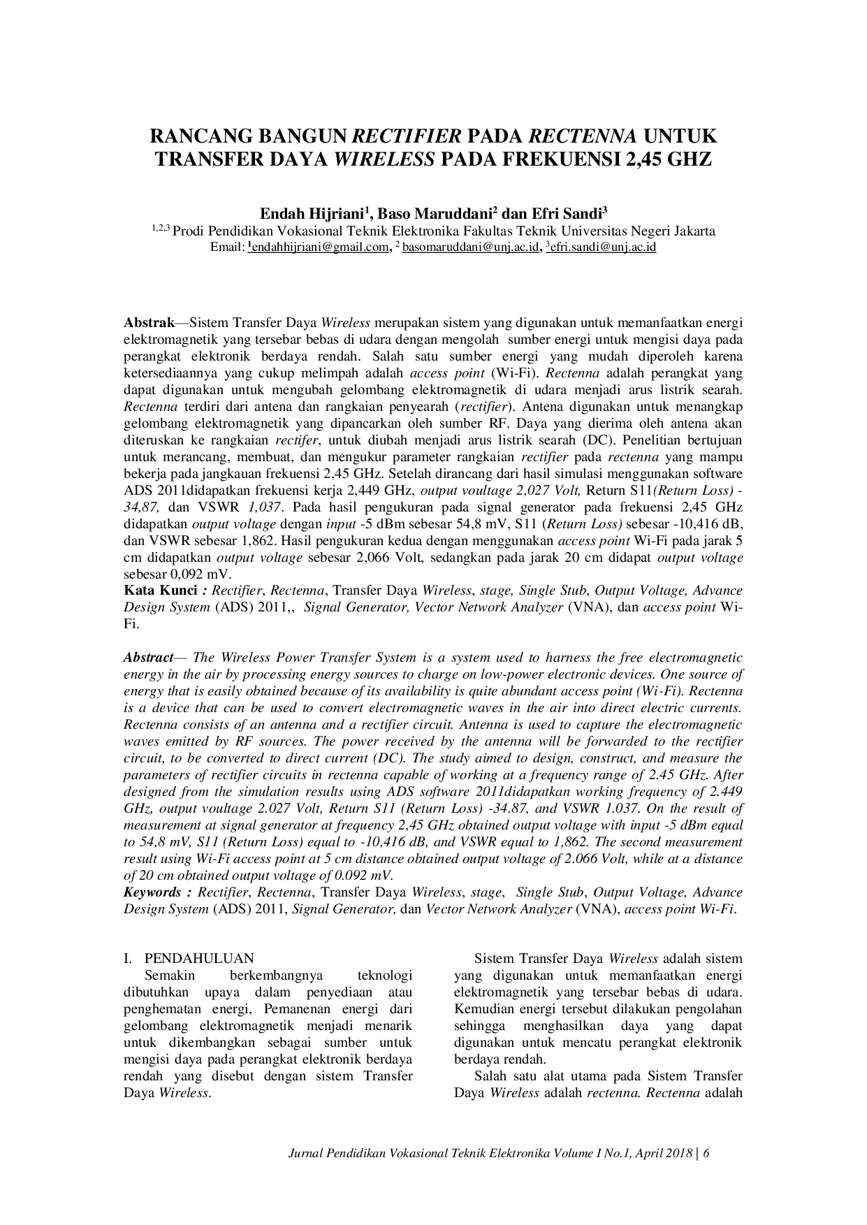 JURIS Rancang Bangun Rectifier Pada Rectenna Untuk Transfer Daya Wireless Pada Frekuensi 2 45 Ghz
