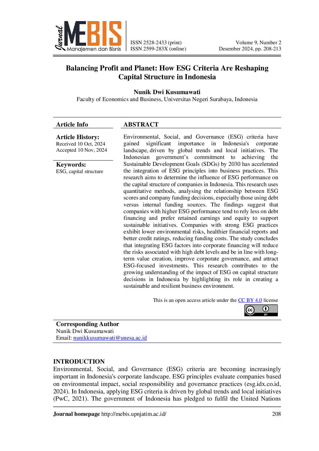JURIS Balancing Profit and Planet How ESG Criteria Are Reshaping Capital Structure in Indonesia