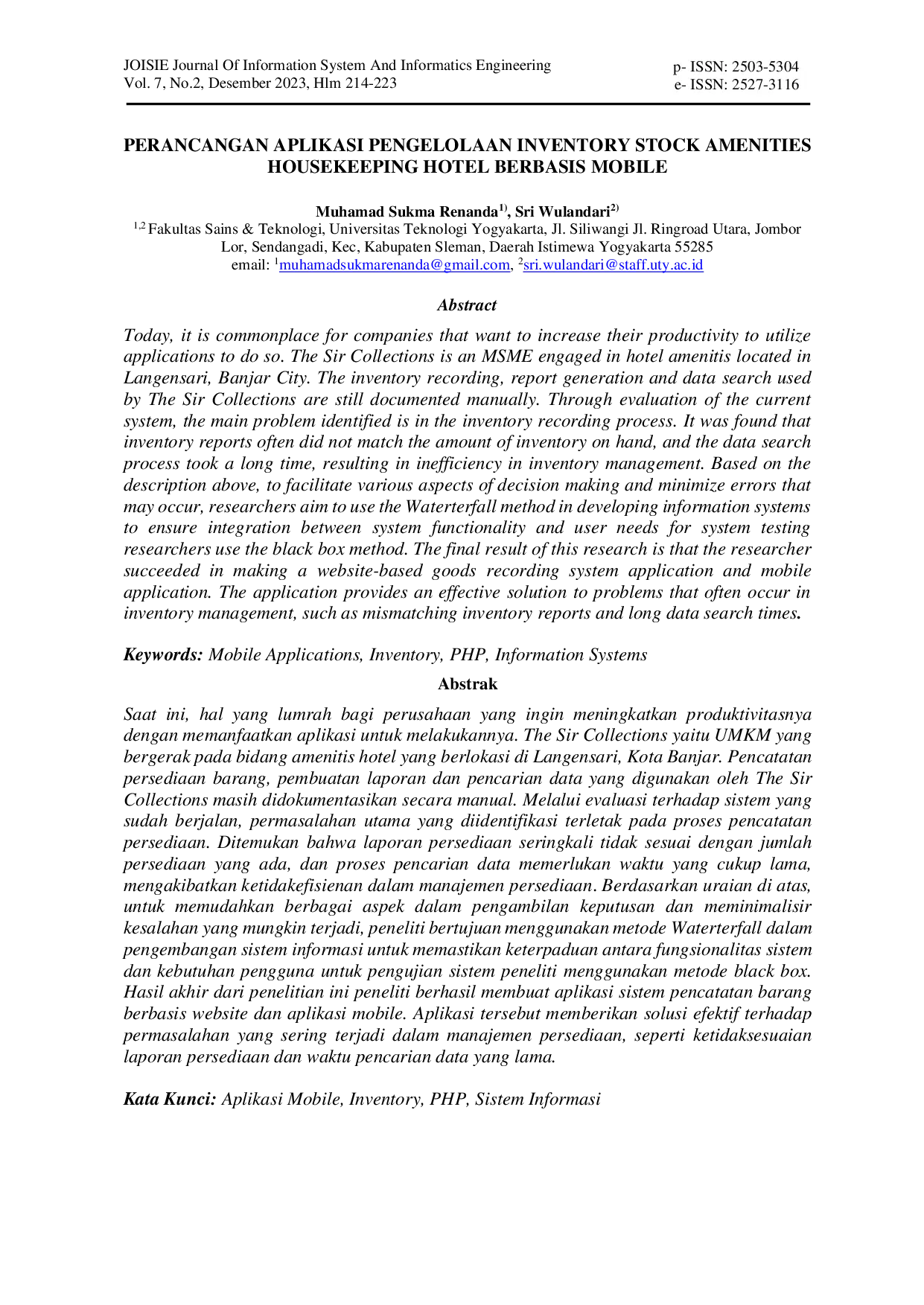 JURIS PERANCANGAN APLIKASI PENGELOLAAN INVENTORY STOCK AMENITIES HOUSEKEEPING HOTEL BERBASIS MOBILE