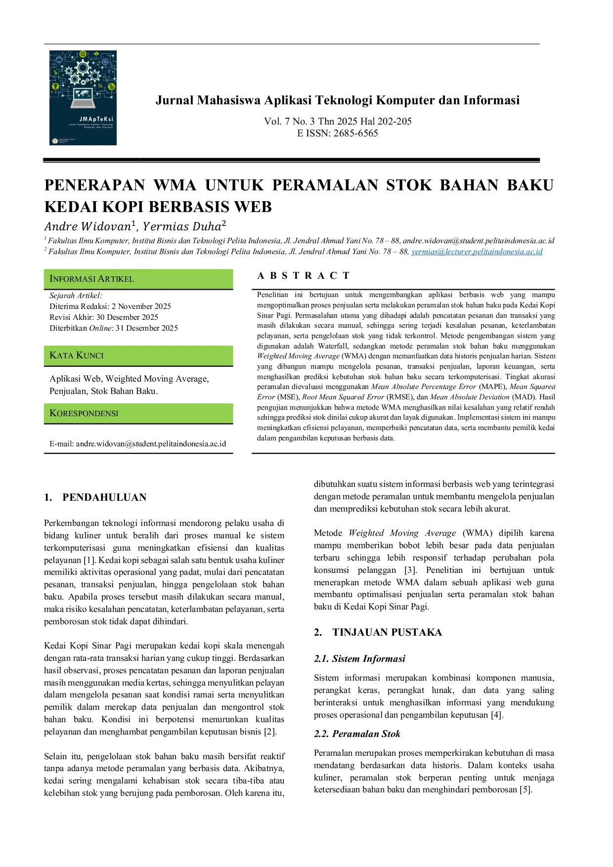JURIS Penerapan Wma Untuk Peramalan Stok Bahan Baku Kedai Kopi Berbasis Web
